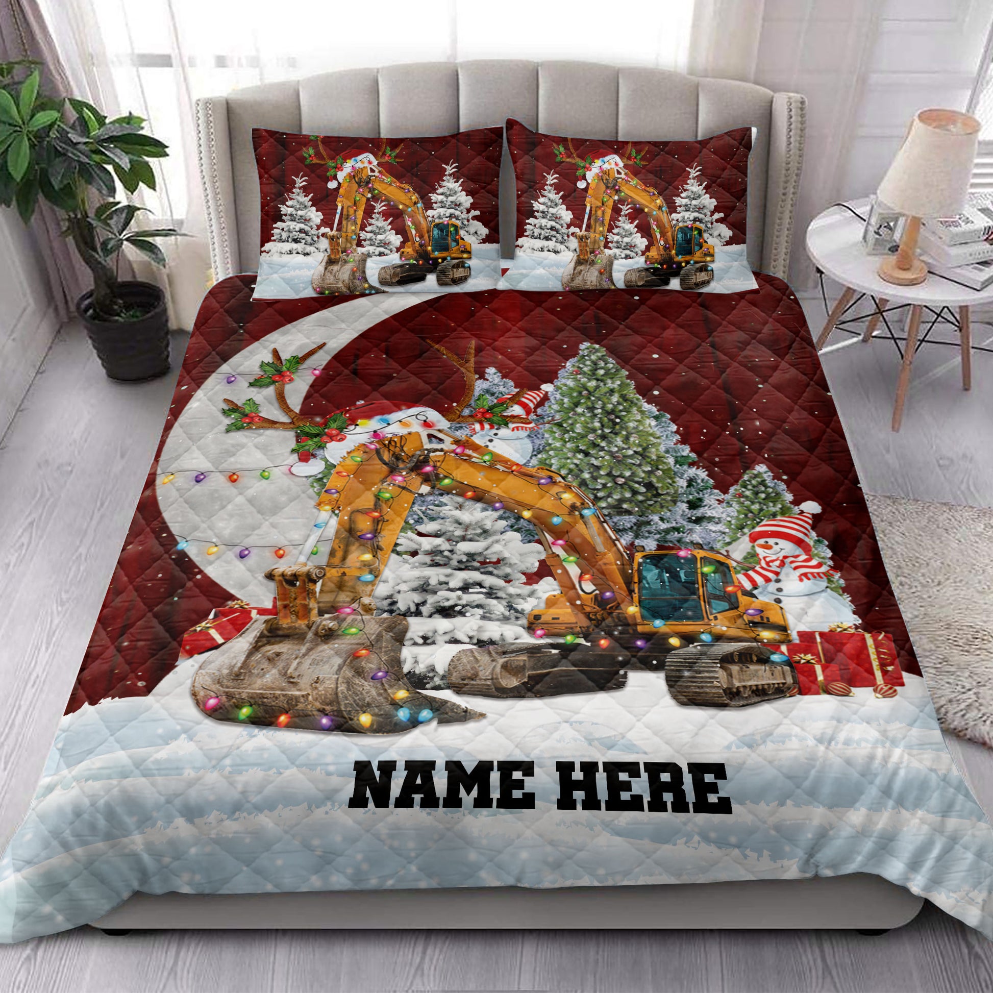 Ohaprints-Quilt-Bed-Set-Pillowcase-Excavator-Christmas-Hat-With-String-Lights-Custom-Personalized-Name-Blanket-Bedspread-Bedding-4057-King (90'' x 100'')