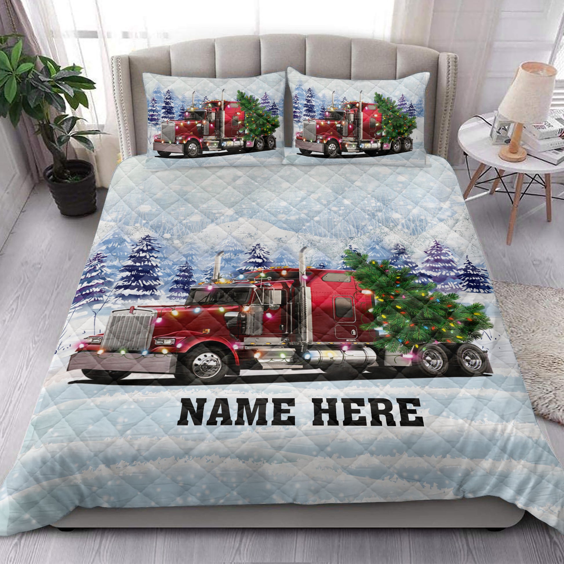 Ohaprints-Quilt-Bed-Set-Pillowcase-Red-Trucker-Christmas-Tree-String-Lights-Custom-Personalized-Name-Blanket-Bedspread-Bedding-4063-King (90'' x 100'')