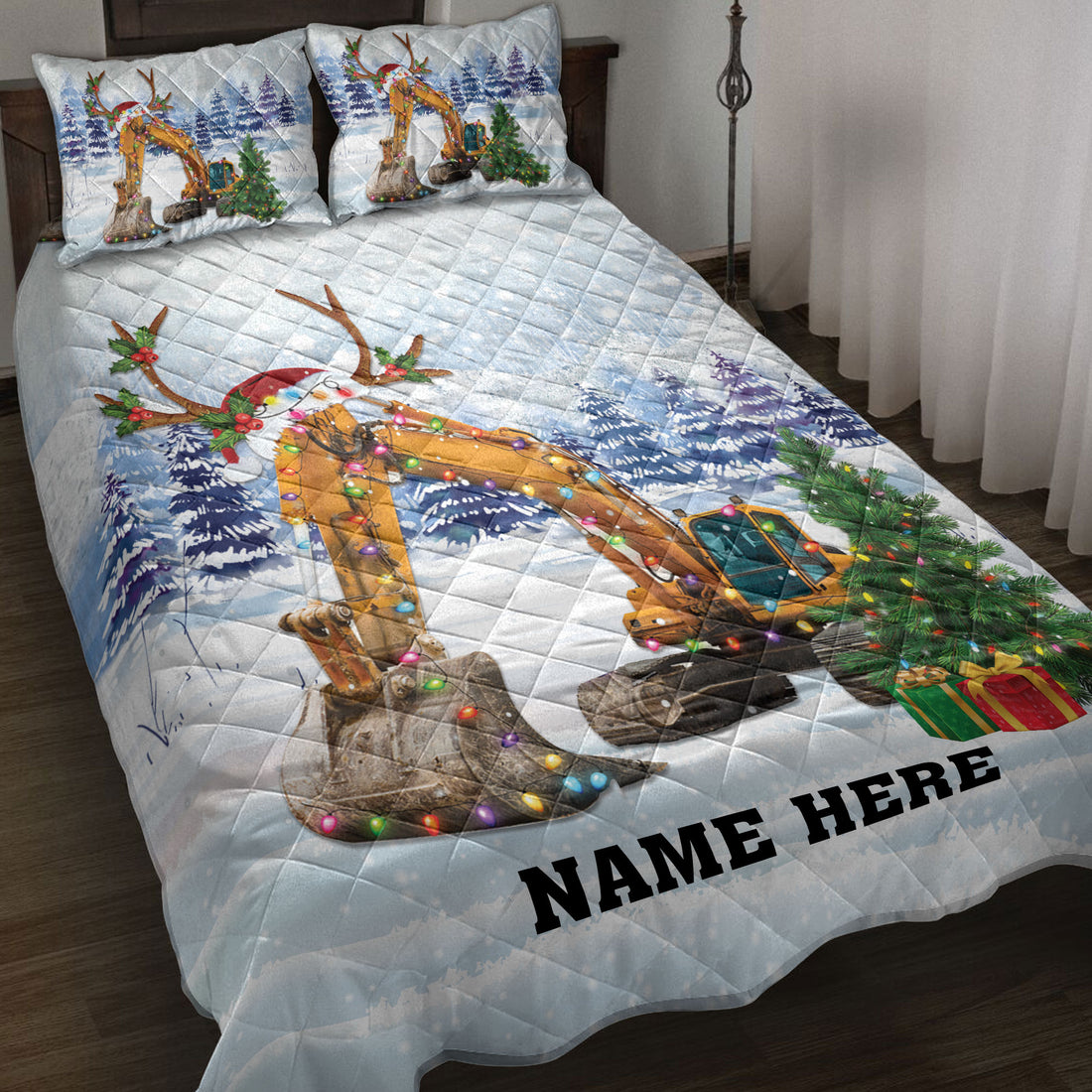 Ohaprints-Quilt-Bed-Set-Pillowcase-Excavator-Christmas-Tree-String-Lights-Custom-Personalized-Name-Blanket-Bedspread-Bedding-4064-Throw (55'' x 60'')