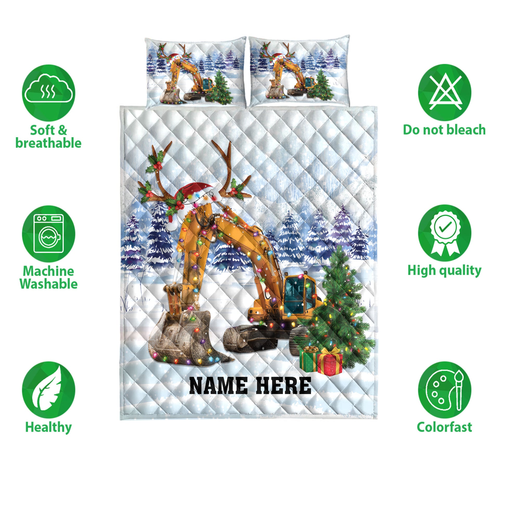 Ohaprints-Quilt-Bed-Set-Pillowcase-Excavator-Christmas-Tree-String-Lights-Custom-Personalized-Name-Blanket-Bedspread-Bedding-4064-Double (70'' x 80'')