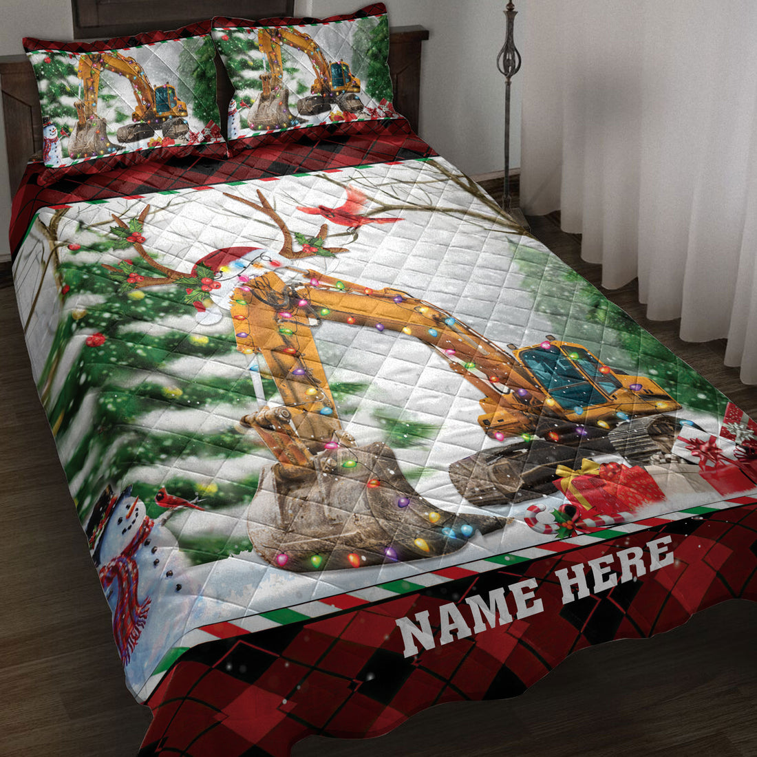 Ohaprints-Quilt-Bed-Set-Pillowcase-Excavator-With-Christmas-String-Light-Custom-Personalized-Name-Blanket-Bedspread-Bedding-4067-Throw (55'' x 60'')