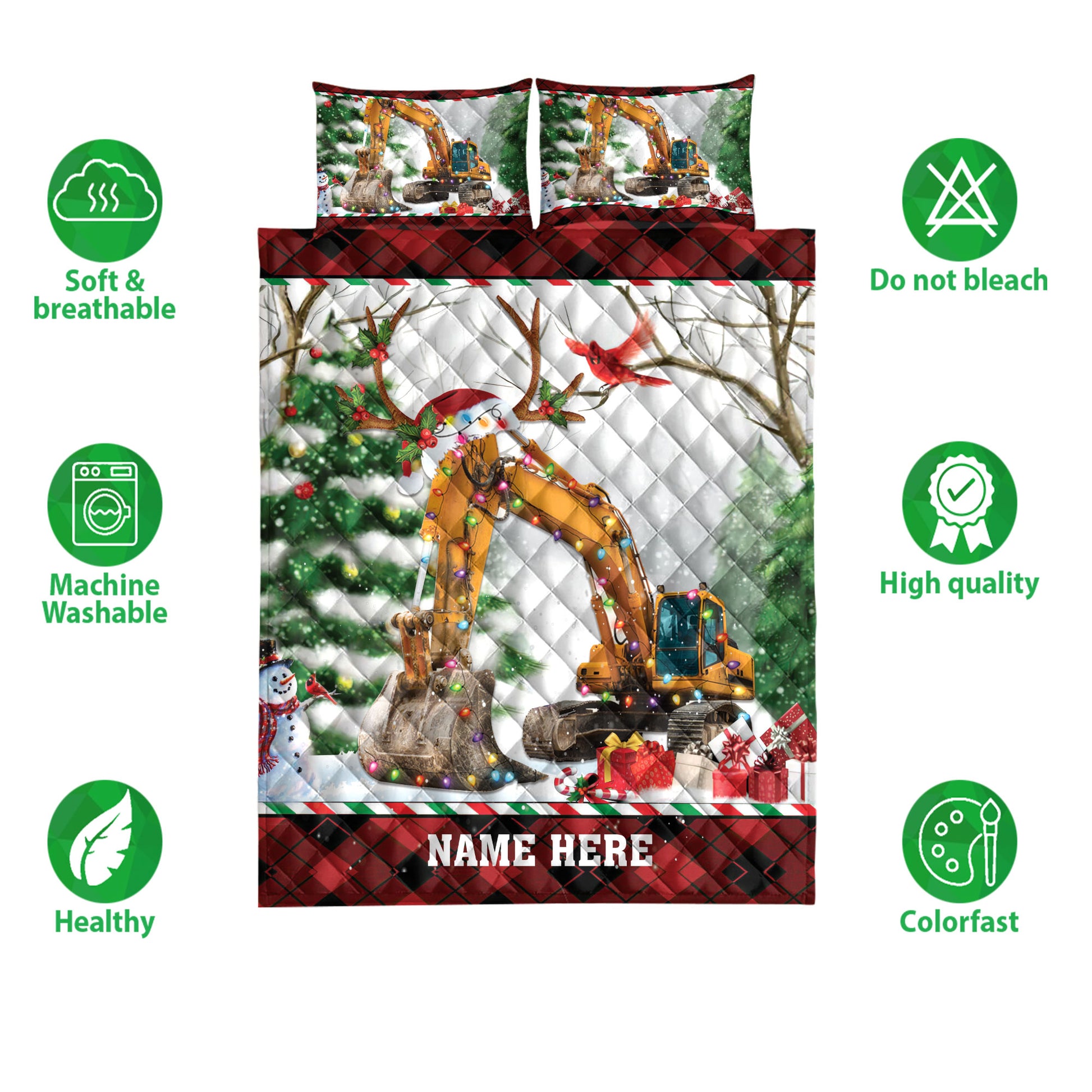 Ohaprints-Quilt-Bed-Set-Pillowcase-Excavator-With-Christmas-String-Light-Custom-Personalized-Name-Blanket-Bedspread-Bedding-4067-Double (70'' x 80'')