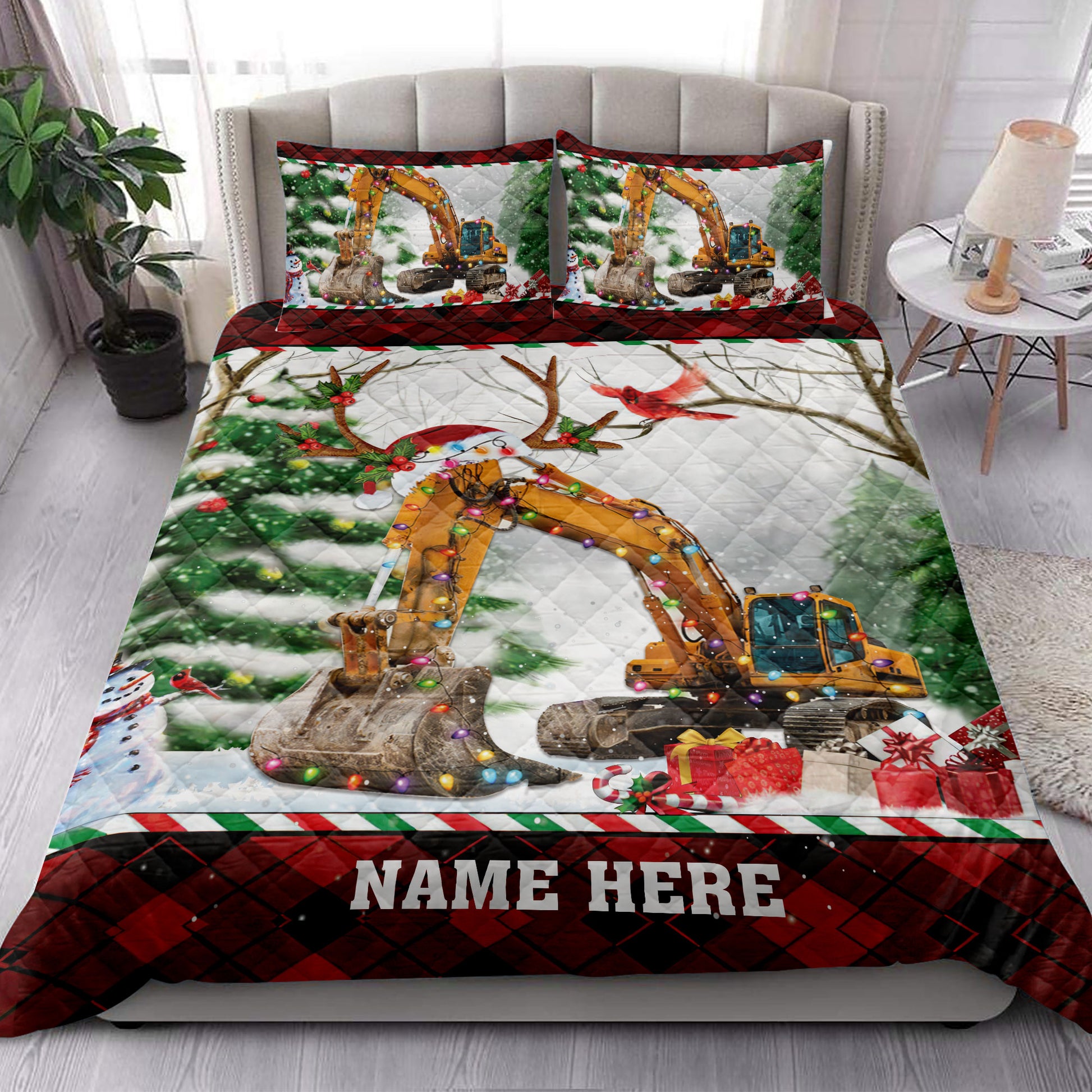 Ohaprints-Quilt-Bed-Set-Pillowcase-Excavator-With-Christmas-String-Light-Custom-Personalized-Name-Blanket-Bedspread-Bedding-4067-King (90'' x 100'')