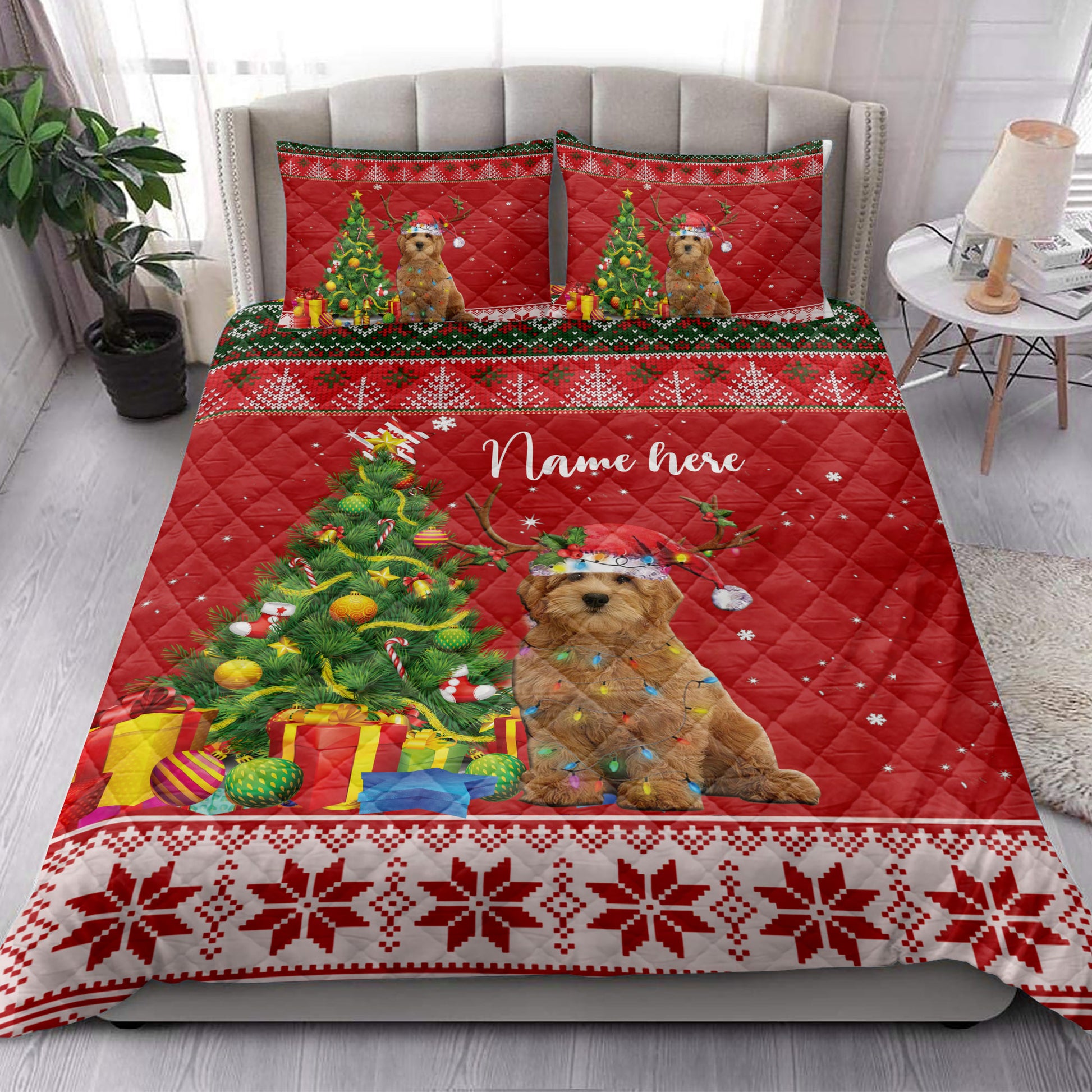 Ohaprints-Quilt-Bed-Set-Pillowcase-Goldendoodle-Christmas-Tree-String-Light-Custom-Personalized-Name-Blanket-Bedspread-Bedding-4069-King (90'' x 100'')