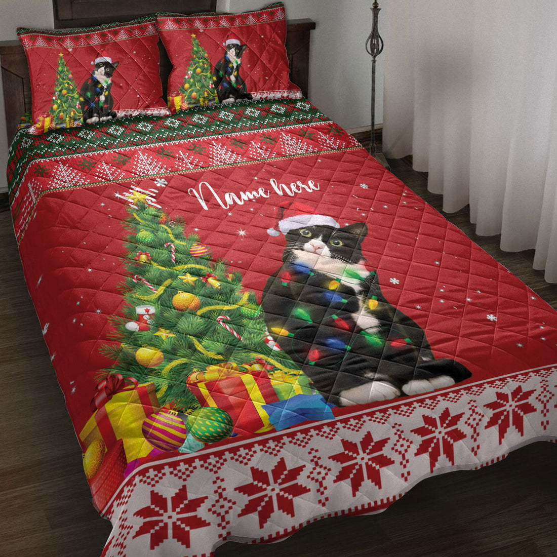 Ohaprints-Quilt-Bed-Set-Pillowcase-Tuxedo-Cat-Christmas-Tree-String-Light-Custom-Personalized-Name-Blanket-Bedspread-Bedding-4070-Throw (55'' x 60'')