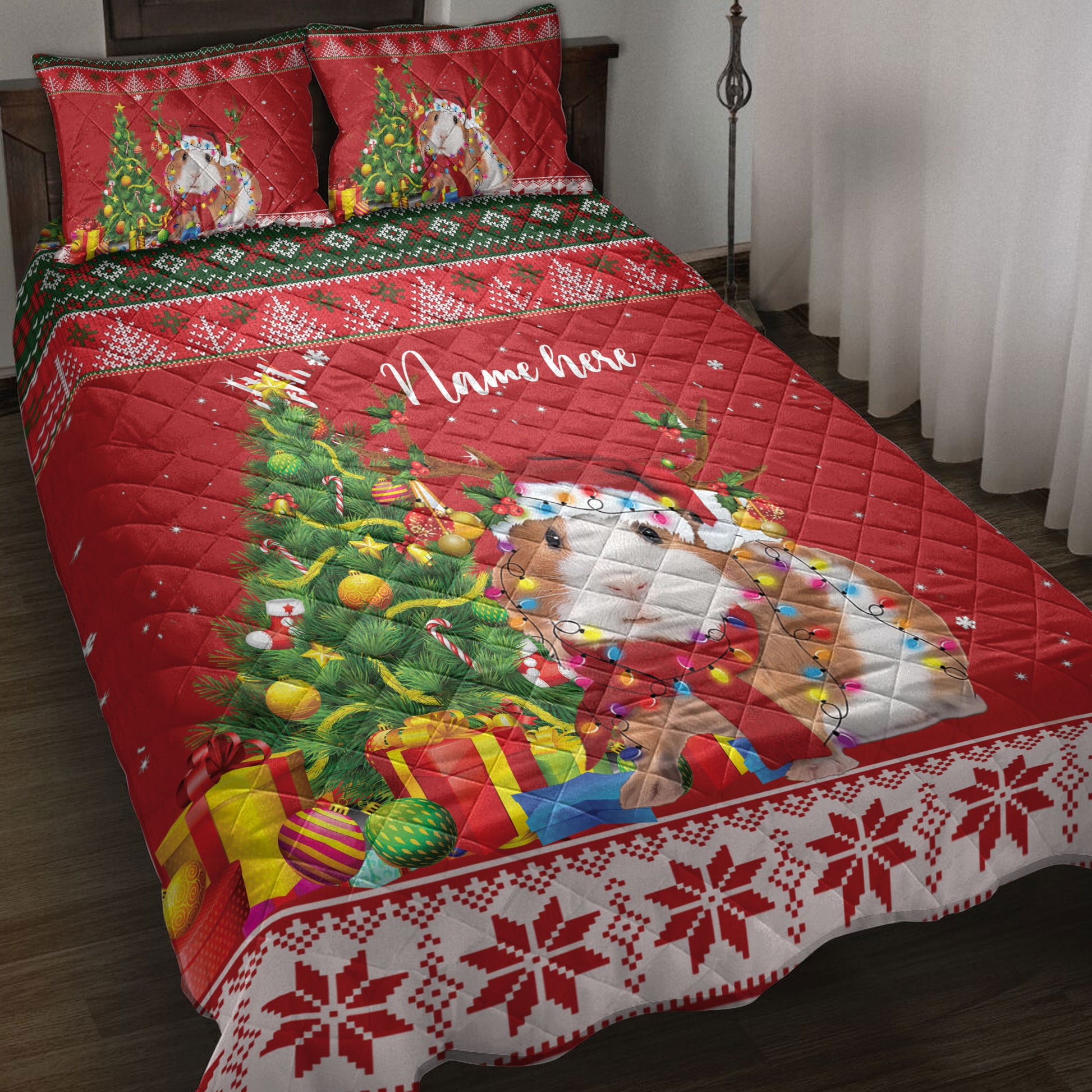 Ohaprints-Quilt-Bed-Set-Pillowcase-Guinea-Pig-Christmas-Tree-String-Light-Custom-Personalized-Name-Blanket-Bedspread-Bedding-4071-Throw (55'' x 60'')