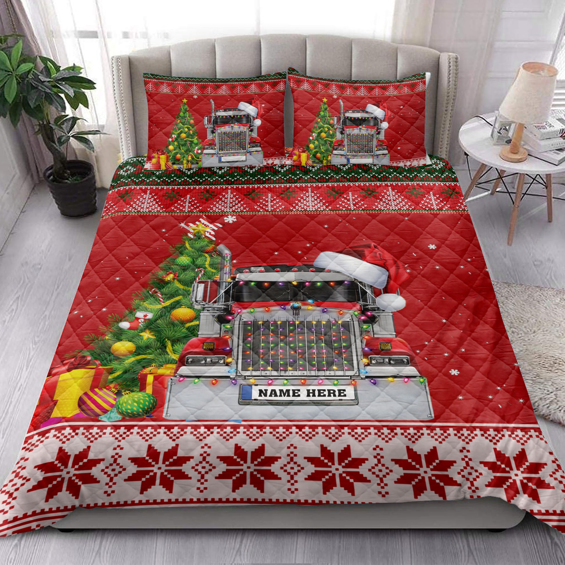 Ohaprints-Quilt-Bed-Set-Pillowcase-Red-Trucker-Christmas-Tree-String-Light-Custom-Personalized-Name-Blanket-Bedspread-Bedding-4073-King (90'' x 100'')