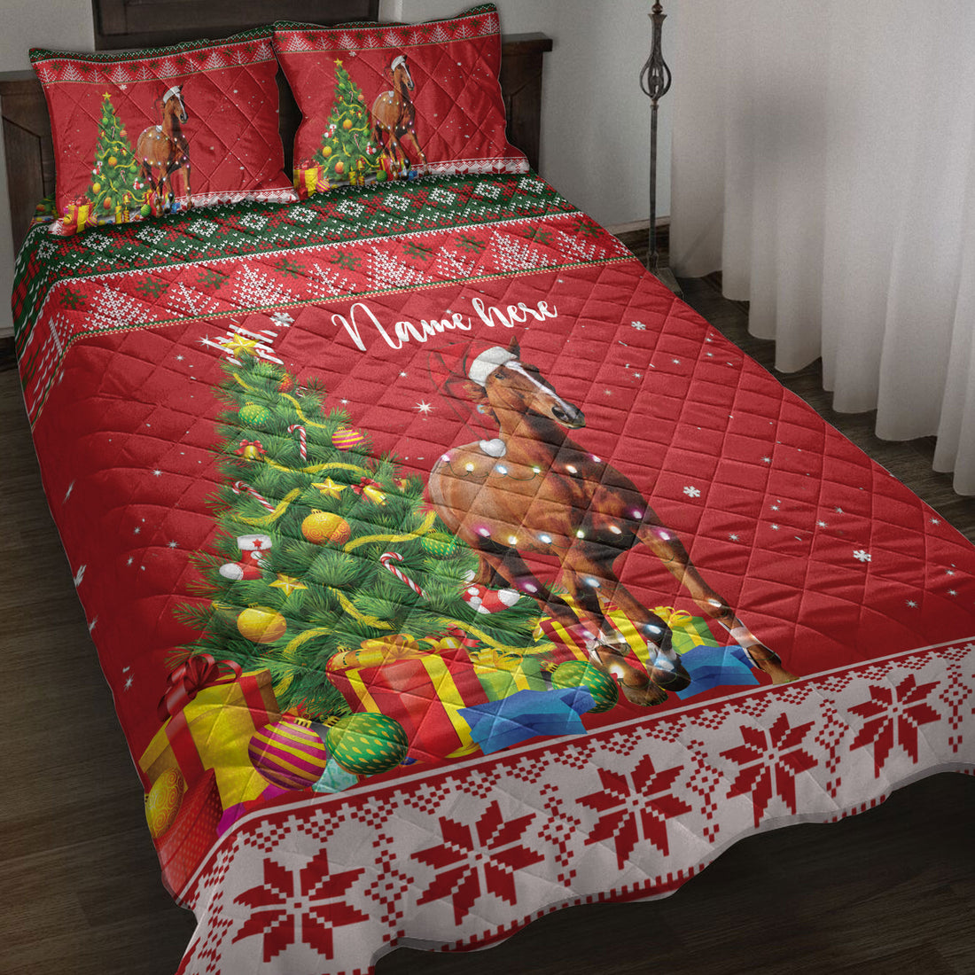 Ohaprints-Quilt-Bed-Set-Pillowcase-Horse-Christmas-Tree-String-Light-Custom-Personalized-Name-Blanket-Bedspread-Bedding-4074-Throw (55'' x 60'')