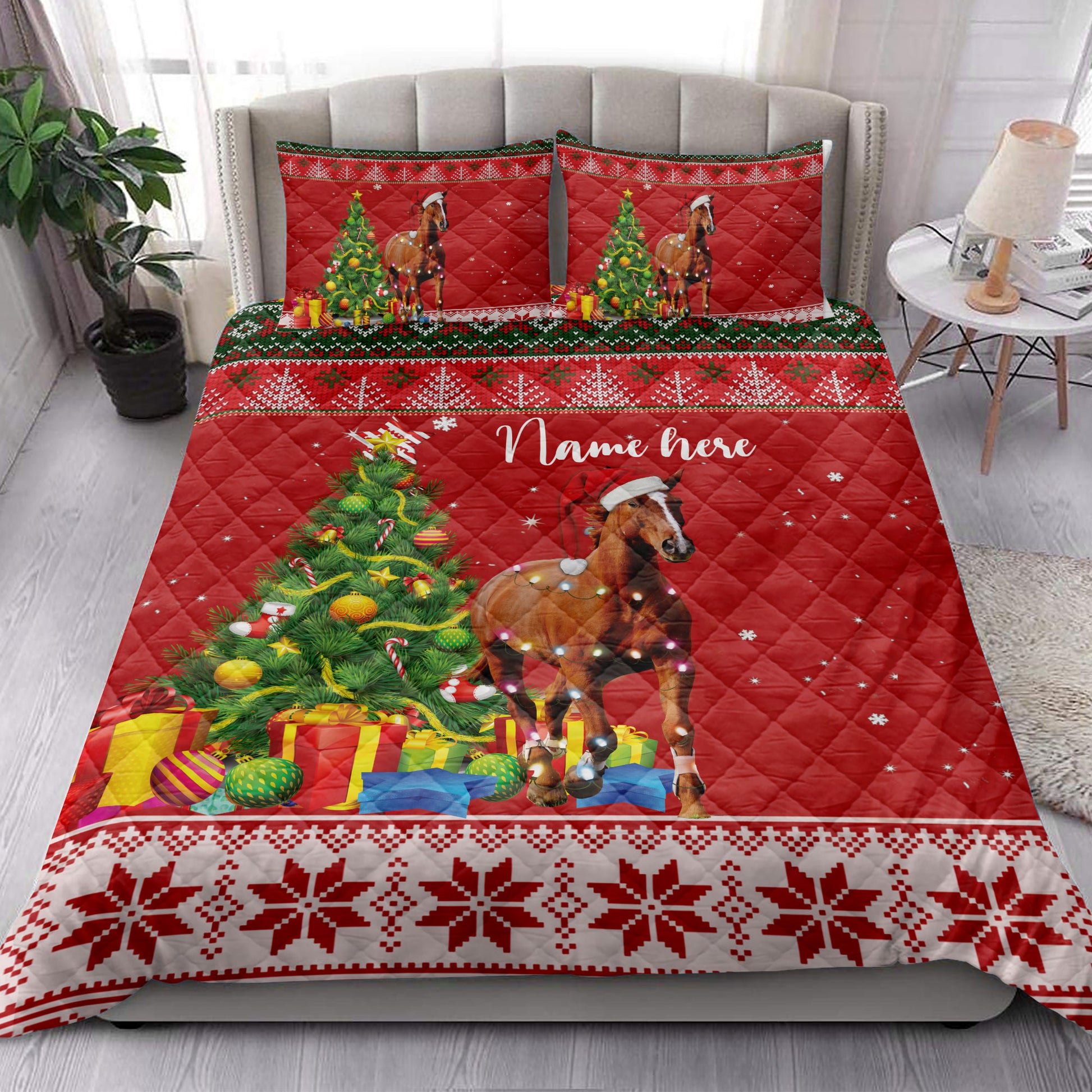 Ohaprints-Quilt-Bed-Set-Pillowcase-Horse-Christmas-Tree-String-Light-Custom-Personalized-Name-Blanket-Bedspread-Bedding-4074-King (90'' x 100'')