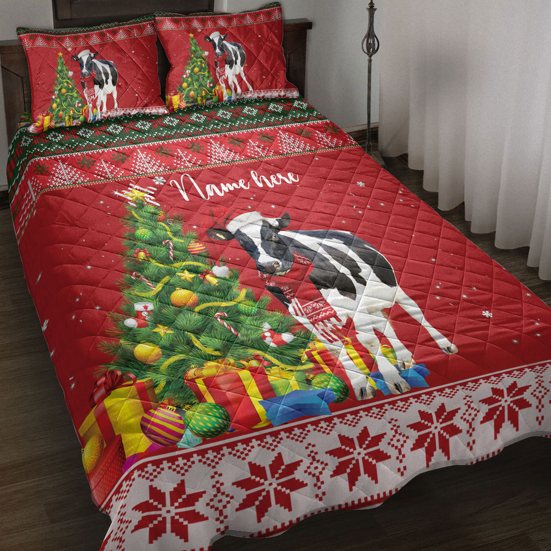 Ohaprints-Quilt-Bed-Set-Pillowcase-Cow-Christmas-Tree-String-Light-Custom-Personalized-Name-Blanket-Bedspread-Bedding-4075-Throw (55'' x 60'')
