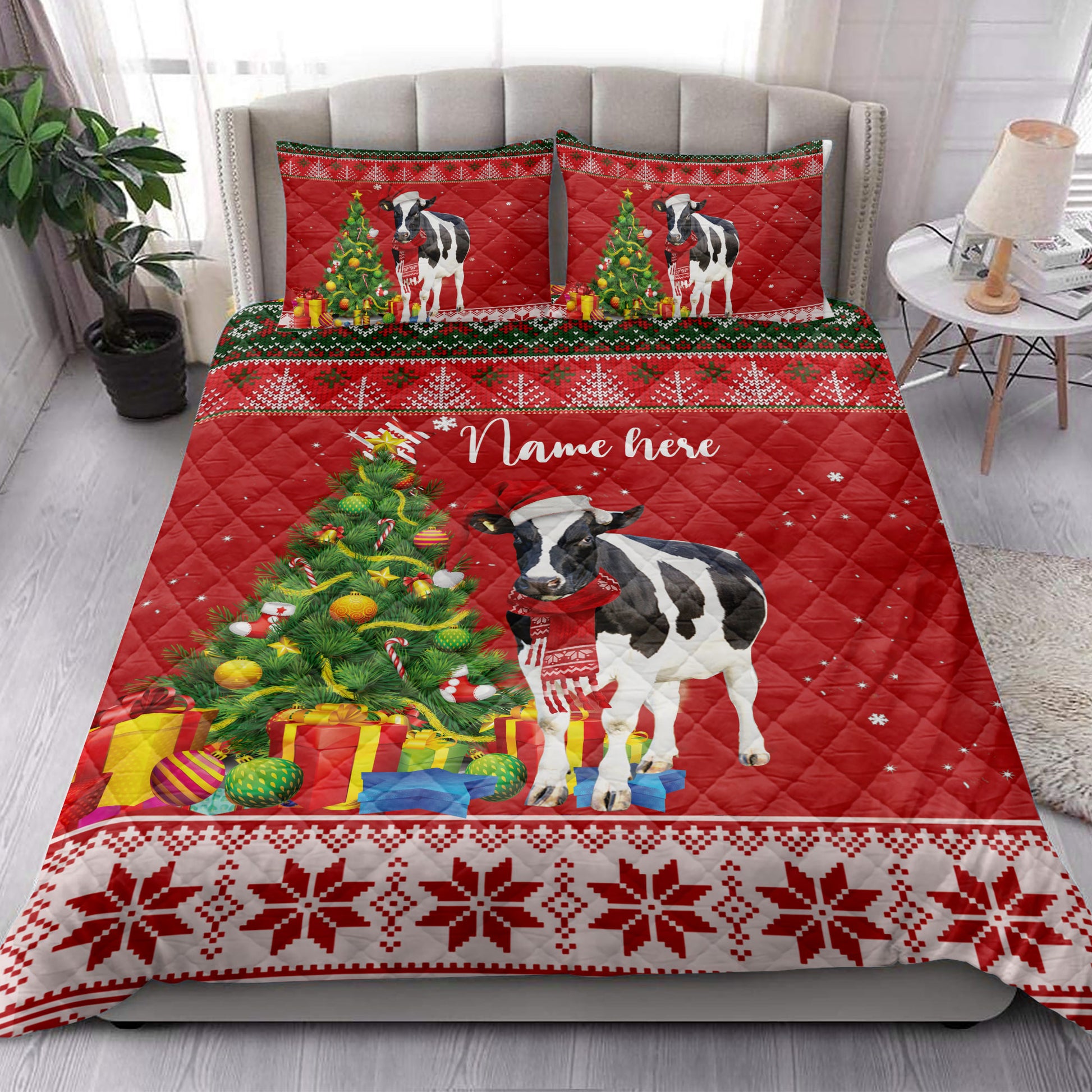 Ohaprints-Quilt-Bed-Set-Pillowcase-Cow-Christmas-Tree-String-Light-Custom-Personalized-Name-Blanket-Bedspread-Bedding-4075-King (90'' x 100'')