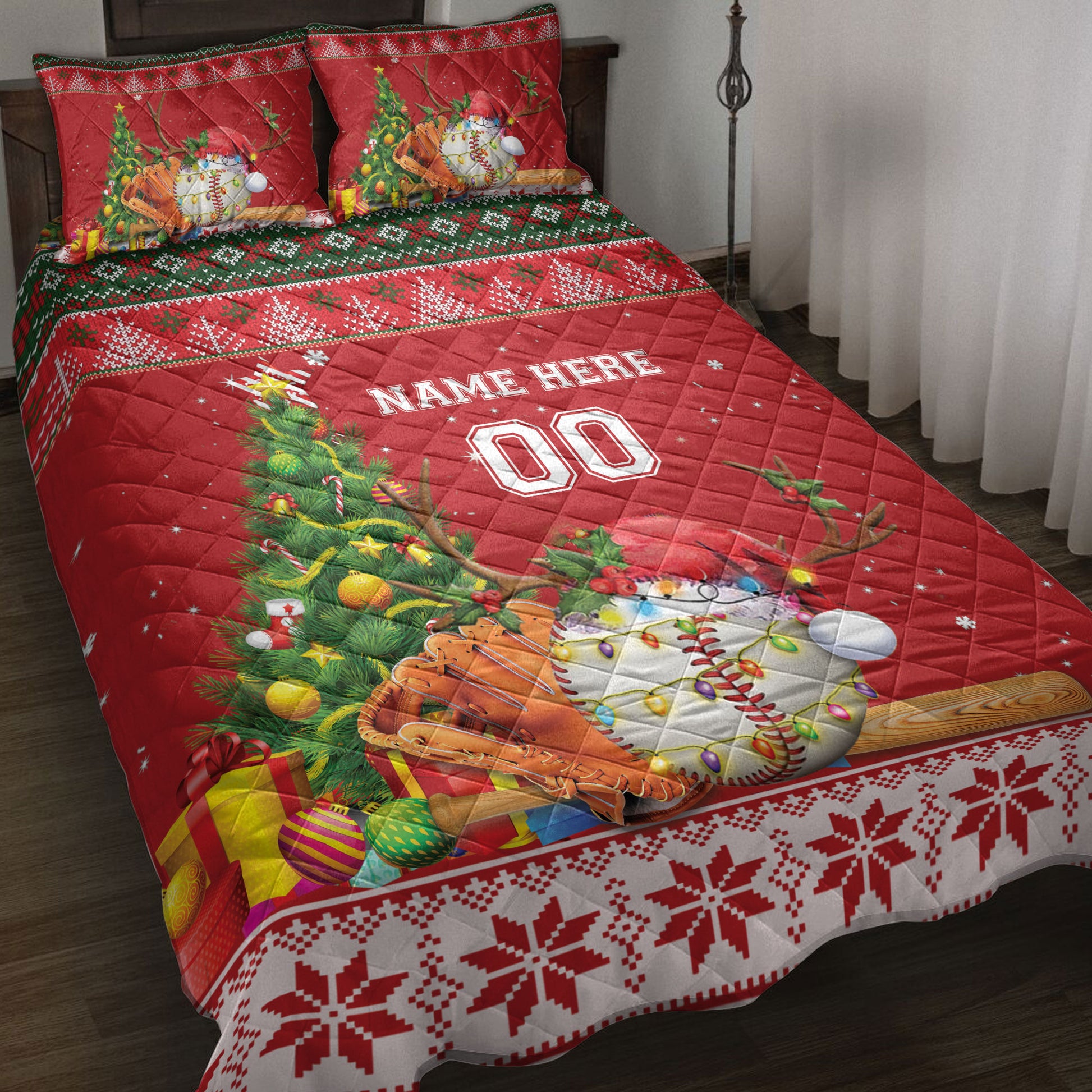 Ohaprints-Quilt-Bed-Set-Pillowcase-Baseball-Christmas-Tree-String-Light-Custom-Personalized-Name-Number-Blanket-Bedspread-Bedding-4076-Throw (55'' x 60'')