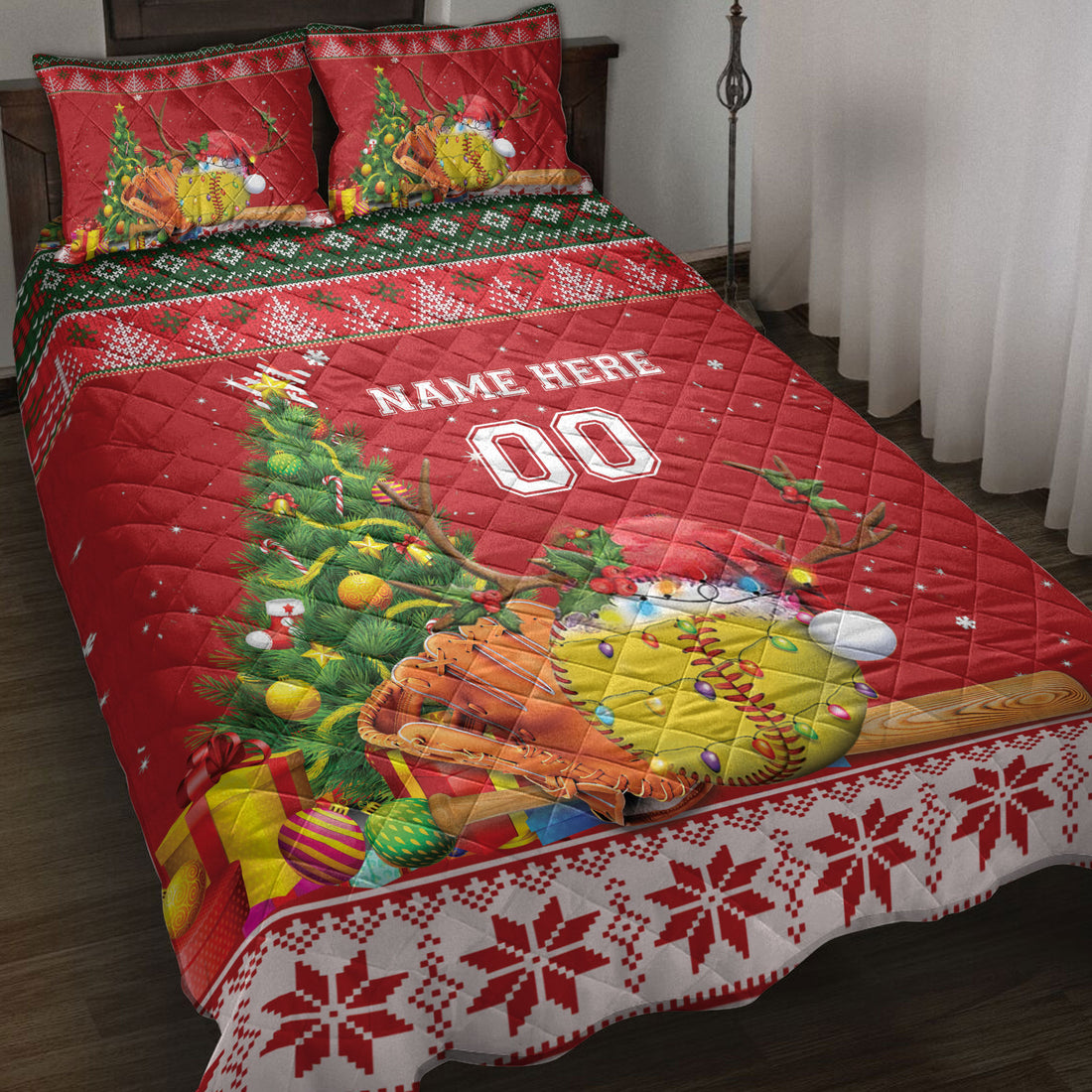 Ohaprints-Quilt-Bed-Set-Pillowcase-Softball-Christmas-Tree-String-Light-Custom-Personalized-Name-Number-Blanket-Bedspread-Bedding-4077-Throw (55'' x 60'')