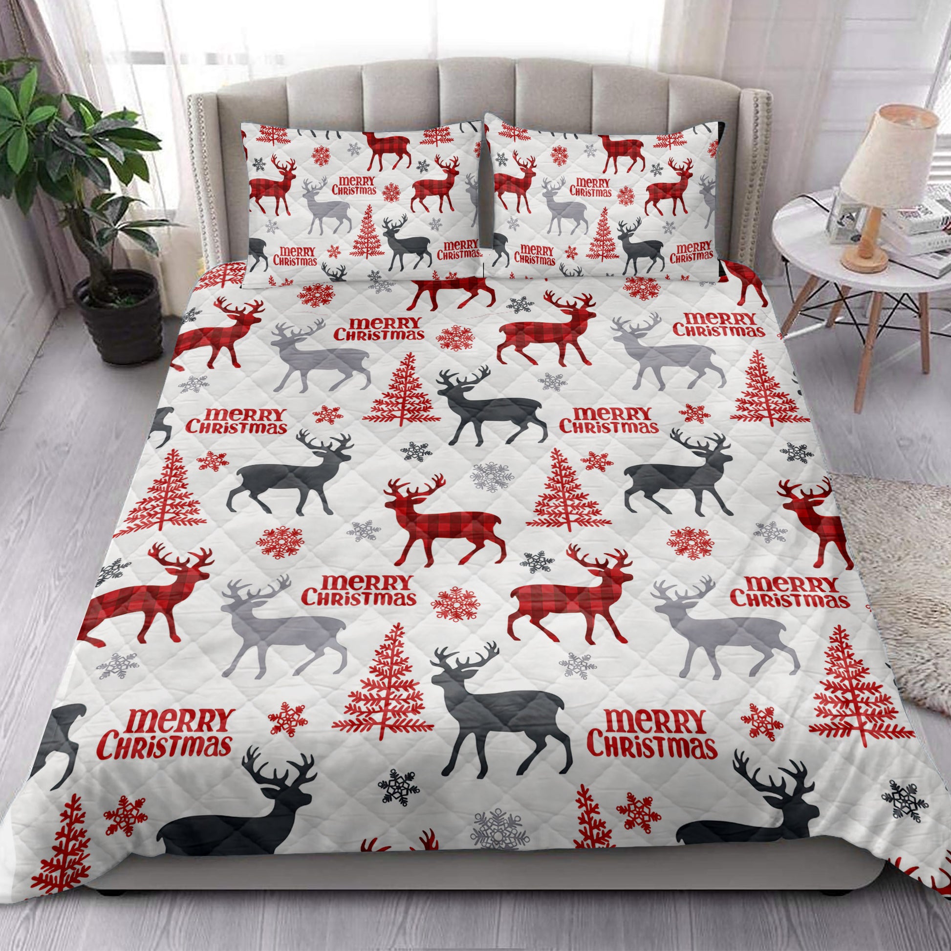 Ohaprints-Quilt-Bed-Set-Pillowcase-Deer-With-Christmas-Tree-Snowflakes-Deer-Hunter-Unique-Gift-Blanket-Bedspread-Bedding-4080-King (90'' x 100'')