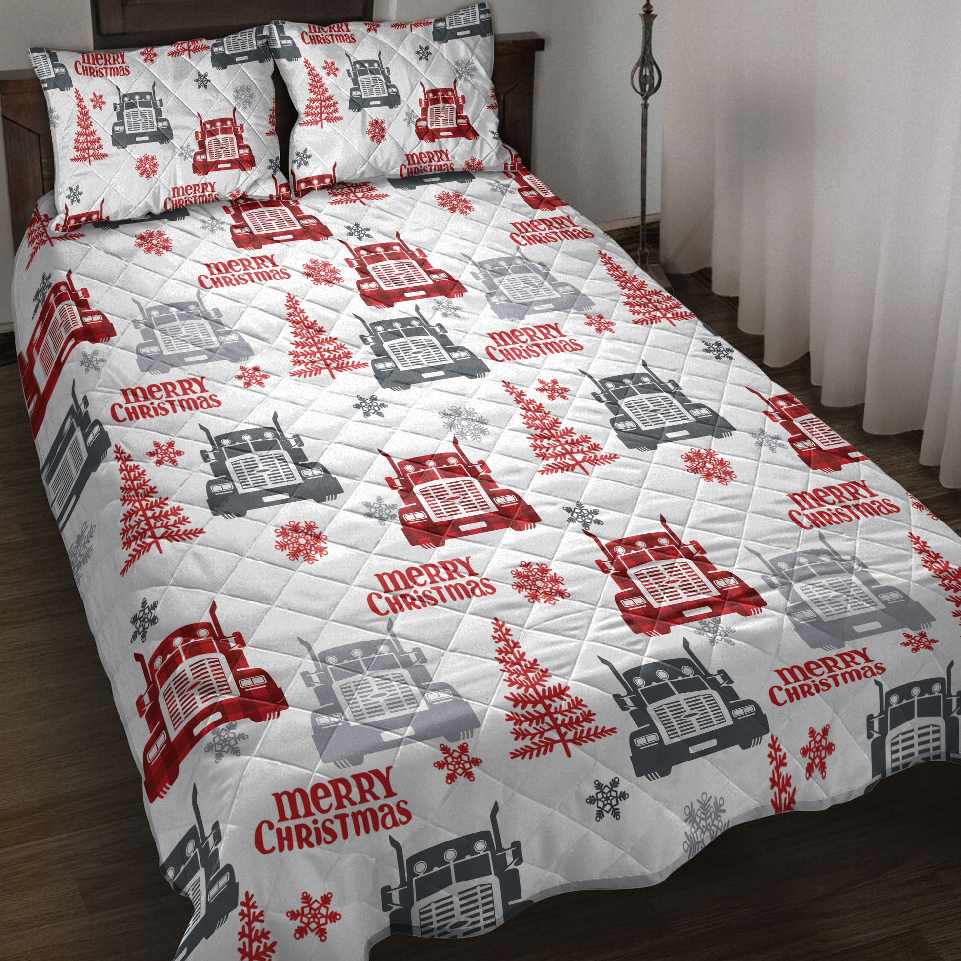 Ohaprints-Quilt-Bed-Set-Pillowcase-Red-Truck-Christmas-Tree-Snowflakes-Love-Trucker-Truck-Driver-Blanket-Bedspread-Bedding-4081-Throw (55'' x 60'')