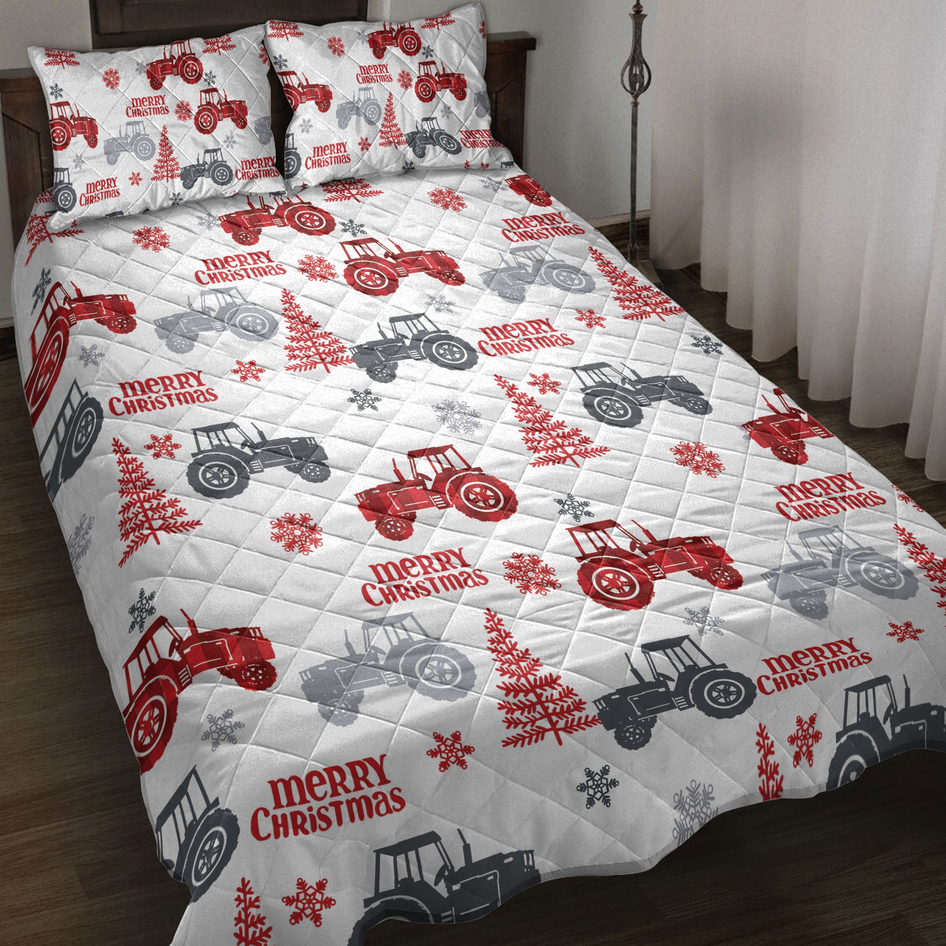 Ohaprints-Quilt-Bed-Set-Pillowcase-Red-Tractor-Farm-Country-Life-With-Christmas-Tree-Gift-For-Farmer-Blanket-Bedspread-Bedding-4082-Throw (55'' x 60'')