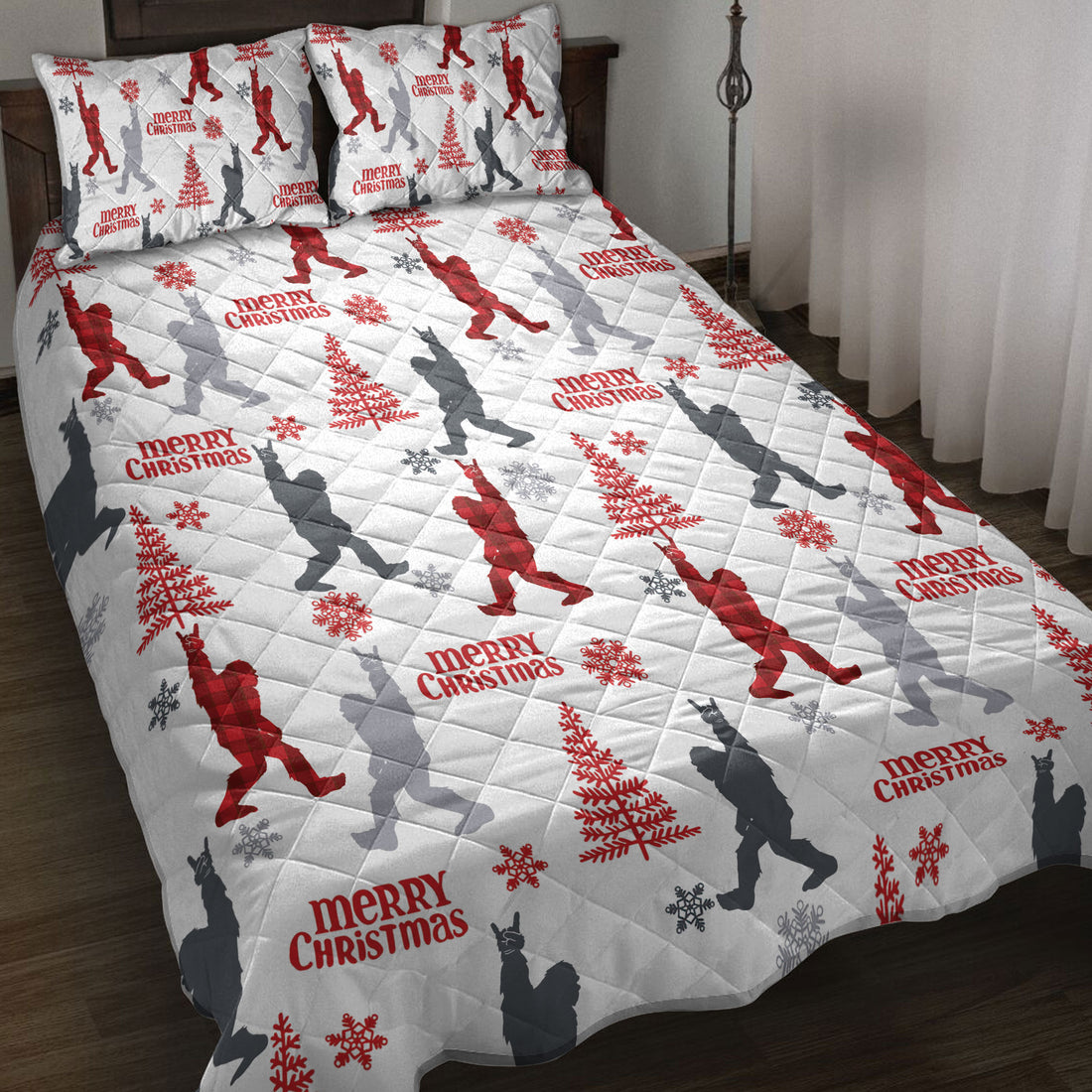 Ohaprints-Quilt-Bed-Set-Pillowcase-Bigfoot-Camping-With-Christmas-Tree-Snowflake-Red-Plaid-Pattern-Blanket-Bedspread-Bedding-4086-Throw (55'' x 60'')