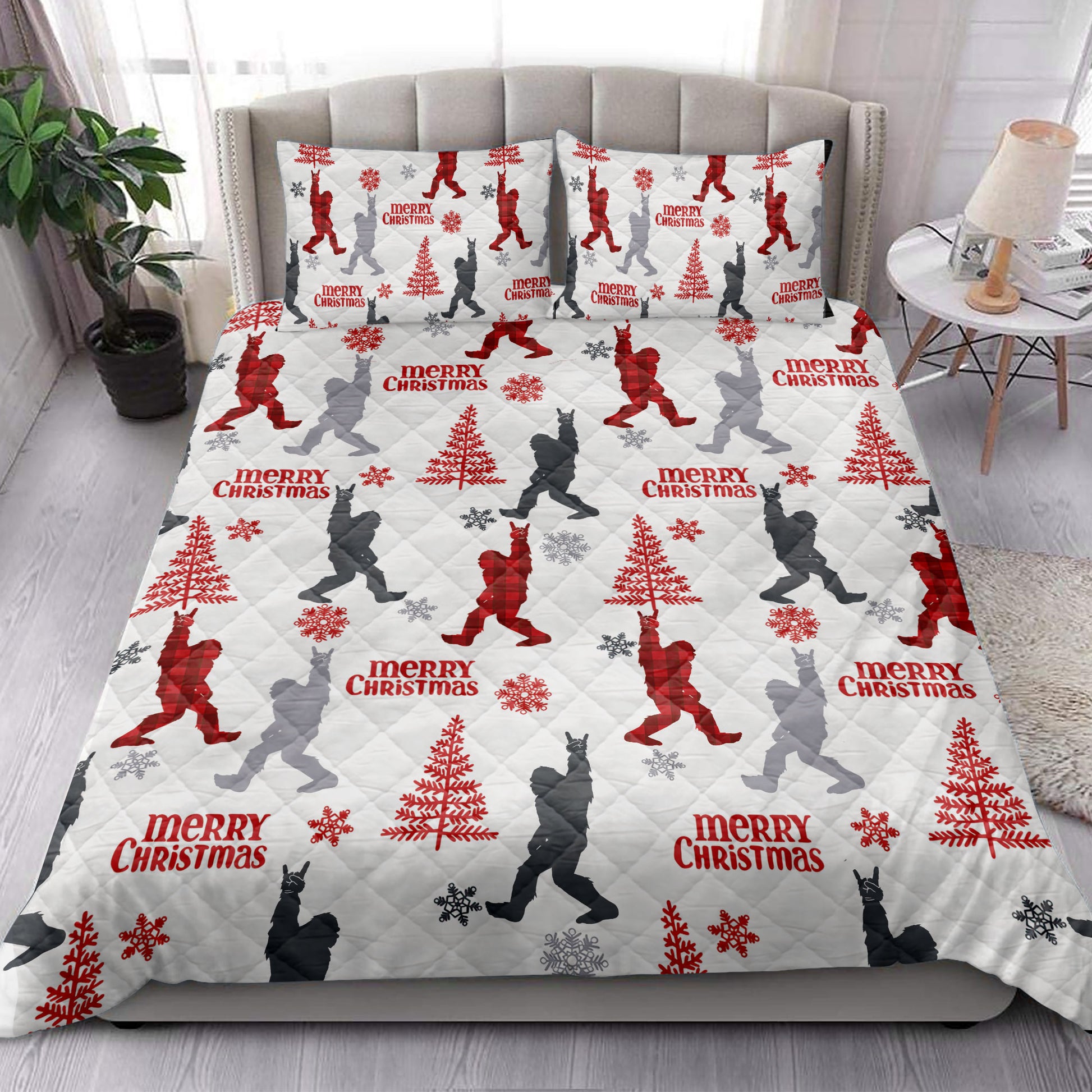 Ohaprints-Quilt-Bed-Set-Pillowcase-Bigfoot-Camping-With-Christmas-Tree-Snowflake-Red-Plaid-Pattern-Blanket-Bedspread-Bedding-4086-King (90'' x 100'')