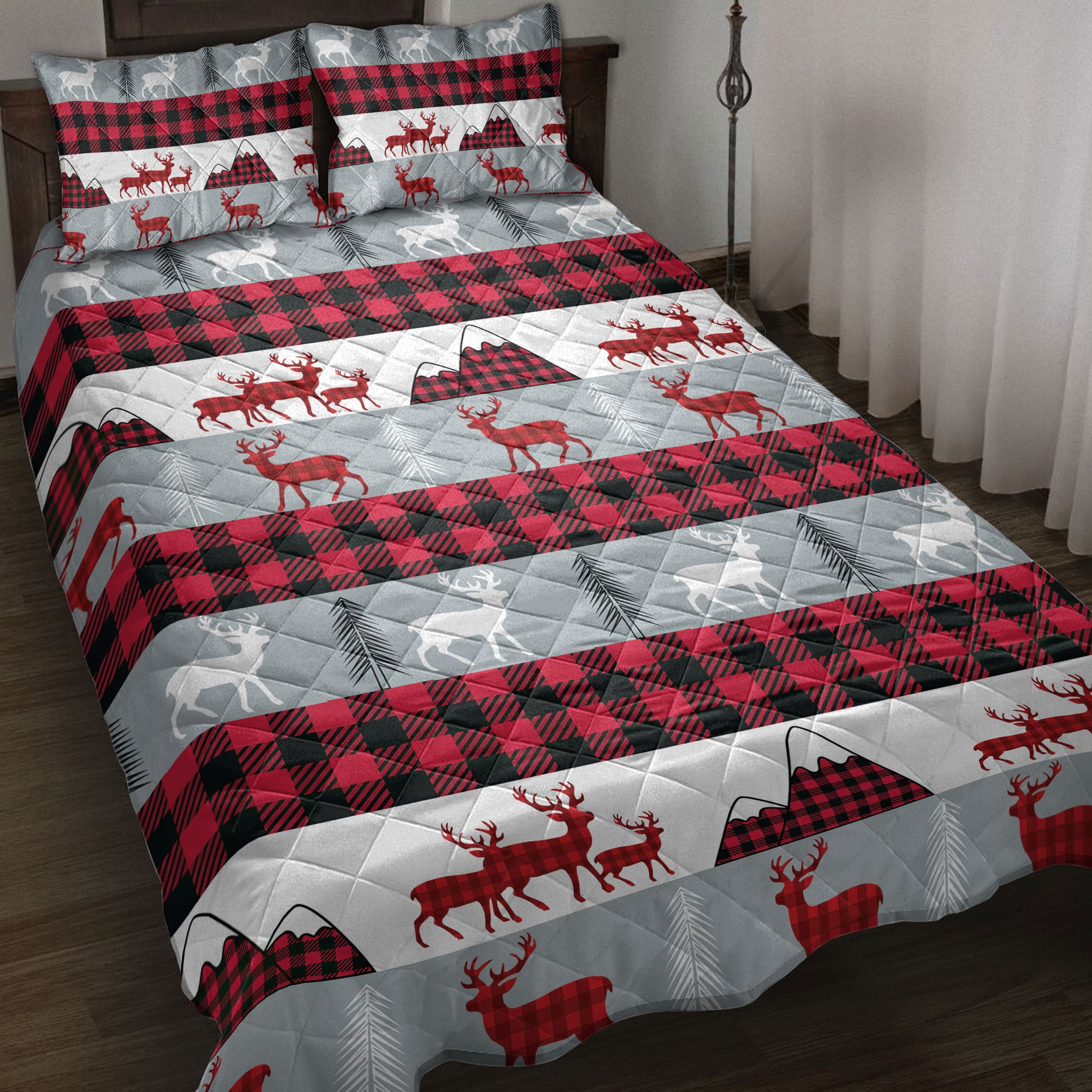 Ohaprints-Quilt-Bed-Set-Pillowcase-Christmas-Deer-Red-Buffalo-Plaid-Winter-Holiday-Unique-Gift-Blanket-Bedspread-Bedding-4087-Throw (55'' x 60'')