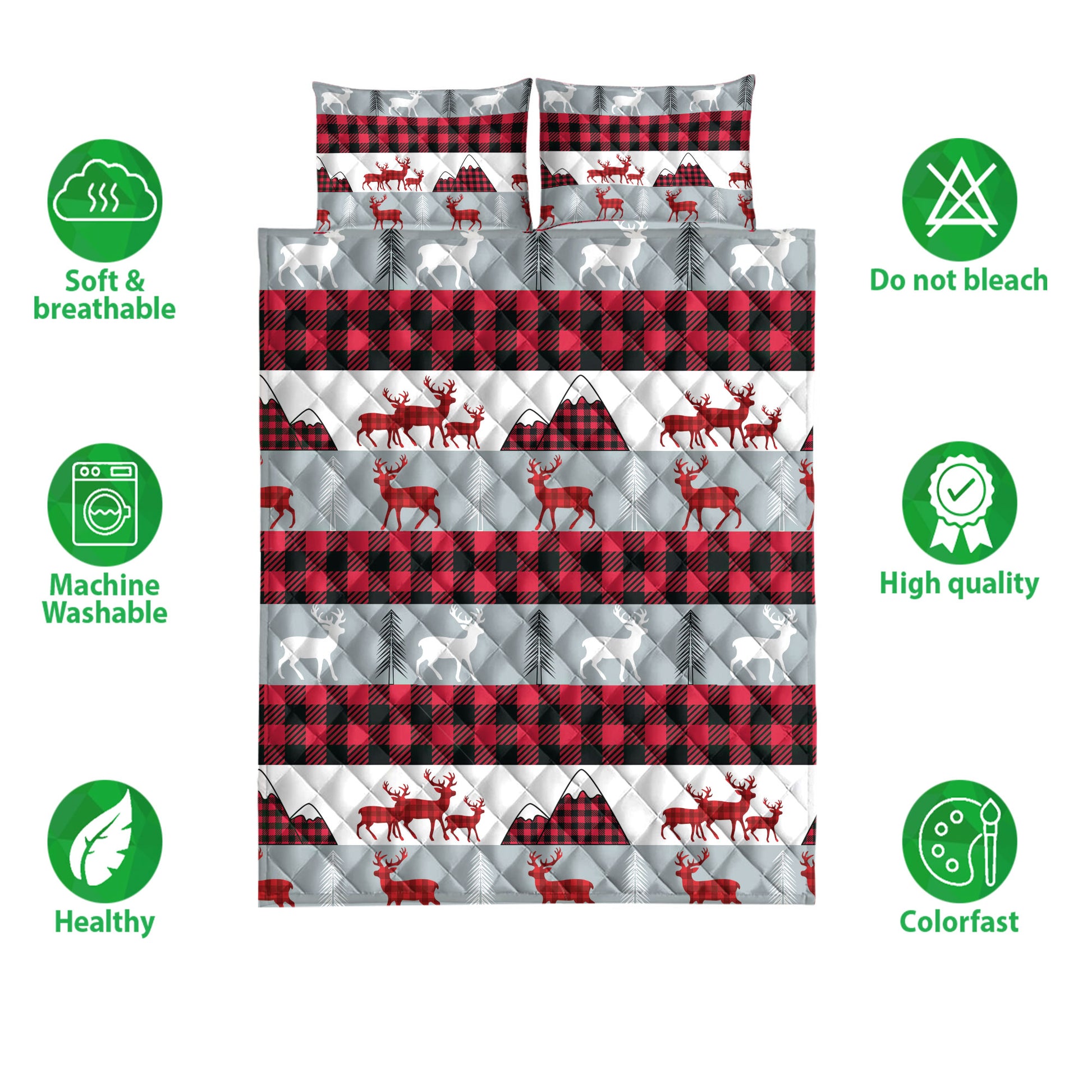 Ohaprints-Quilt-Bed-Set-Pillowcase-Christmas-Deer-Red-Buffalo-Plaid-Winter-Holiday-Unique-Gift-Blanket-Bedspread-Bedding-4087-Double (70'' x 80'')