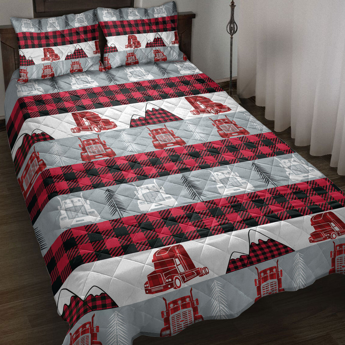 Ohaprints-Quilt-Bed-Set-Pillowcase-Christmas-Red-Truck-Trucker-Red-Buffalo-Plaid-Winter-Holiday-Blanket-Bedspread-Bedding-4088-Throw (55'' x 60'')