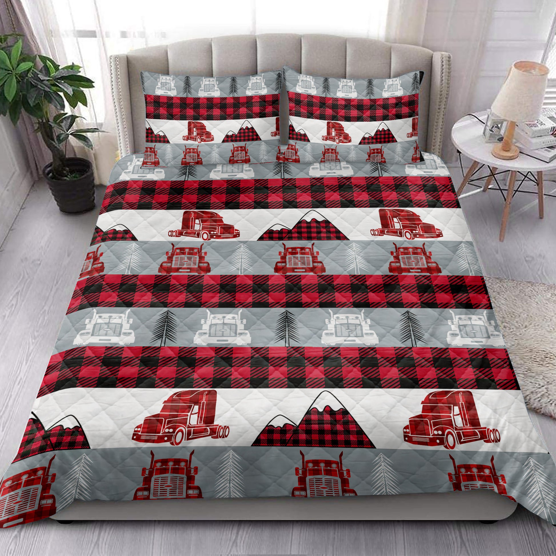 Ohaprints-Quilt-Bed-Set-Pillowcase-Christmas-Red-Truck-Trucker-Red-Buffalo-Plaid-Winter-Holiday-Blanket-Bedspread-Bedding-4088-King (90'' x 100'')