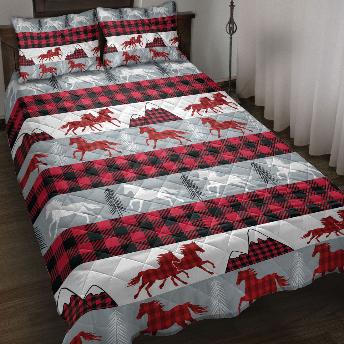 Ohaprints-Quilt-Bed-Set-Pillowcase-Christmas-Horse-Red-Buffalo-Plaid-Winter-Holiday-Unique-Gift-Blanket-Bedspread-Bedding-4090-Throw (55'' x 60'')