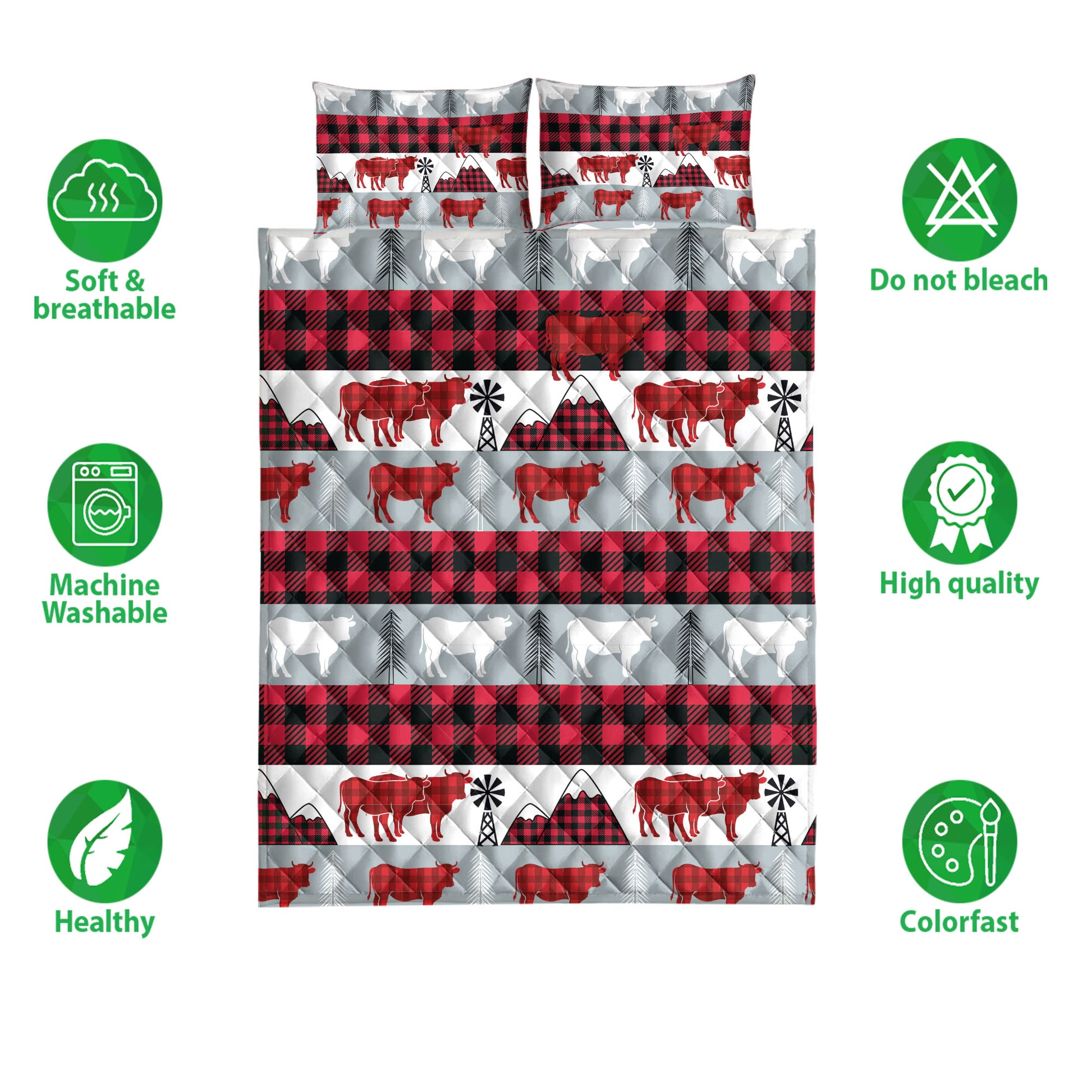 Ohaprints-Quilt-Bed-Set-Pillowcase-Christmas-Cow-Red-Buffalo-Plaid-Winter-Holiday-Unique-Gifts-Blanket-Bedspread-Bedding-4091-Double (70'' x 80'')