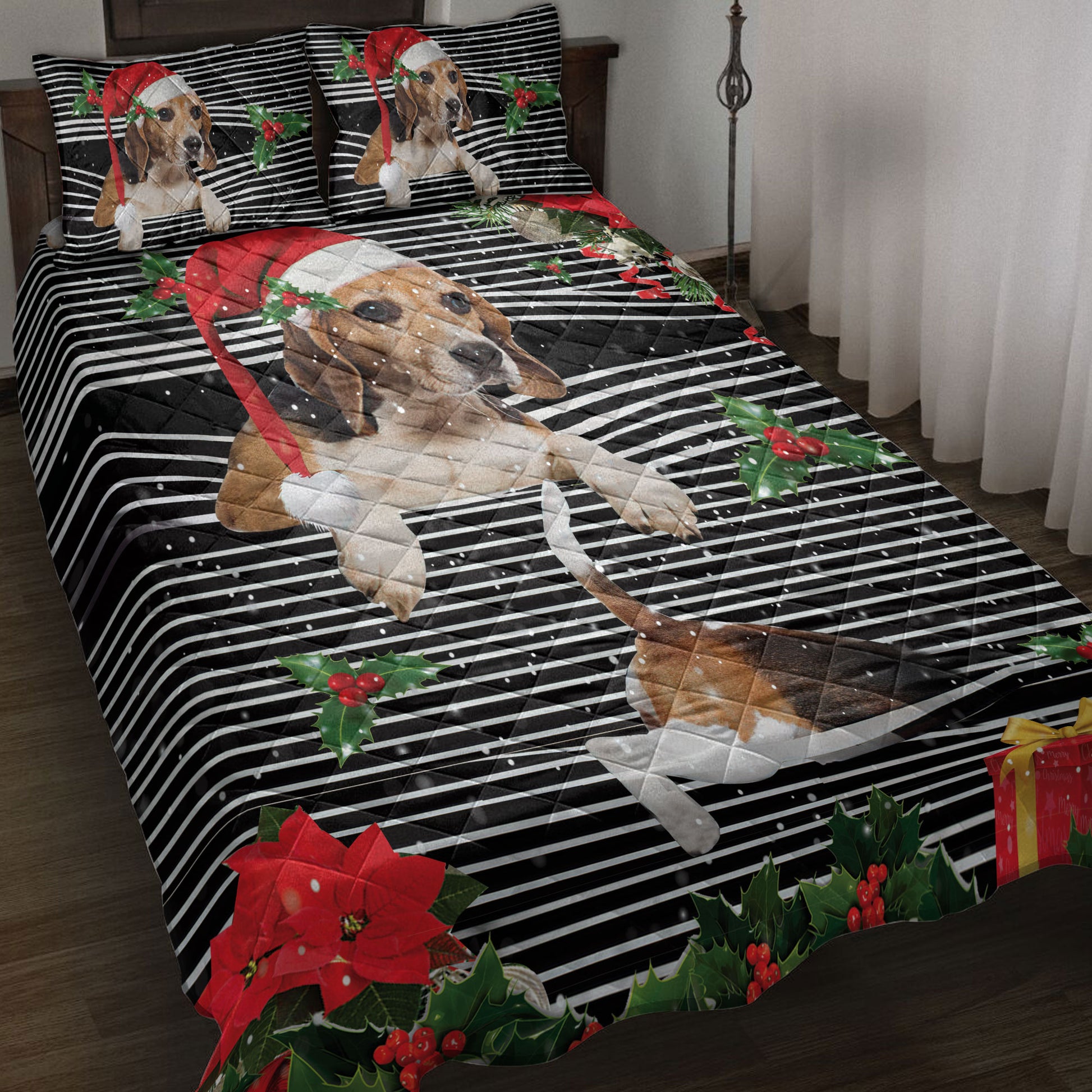 Ohaprints-Quilt-Bed-Set-Pillowcase-Beagle-Christmas-Striped-With-Santa-Hat-And-Holy-Berry-Snowflake-Blanket-Bedspread-Bedding-4093-Throw (55'' x 60'')