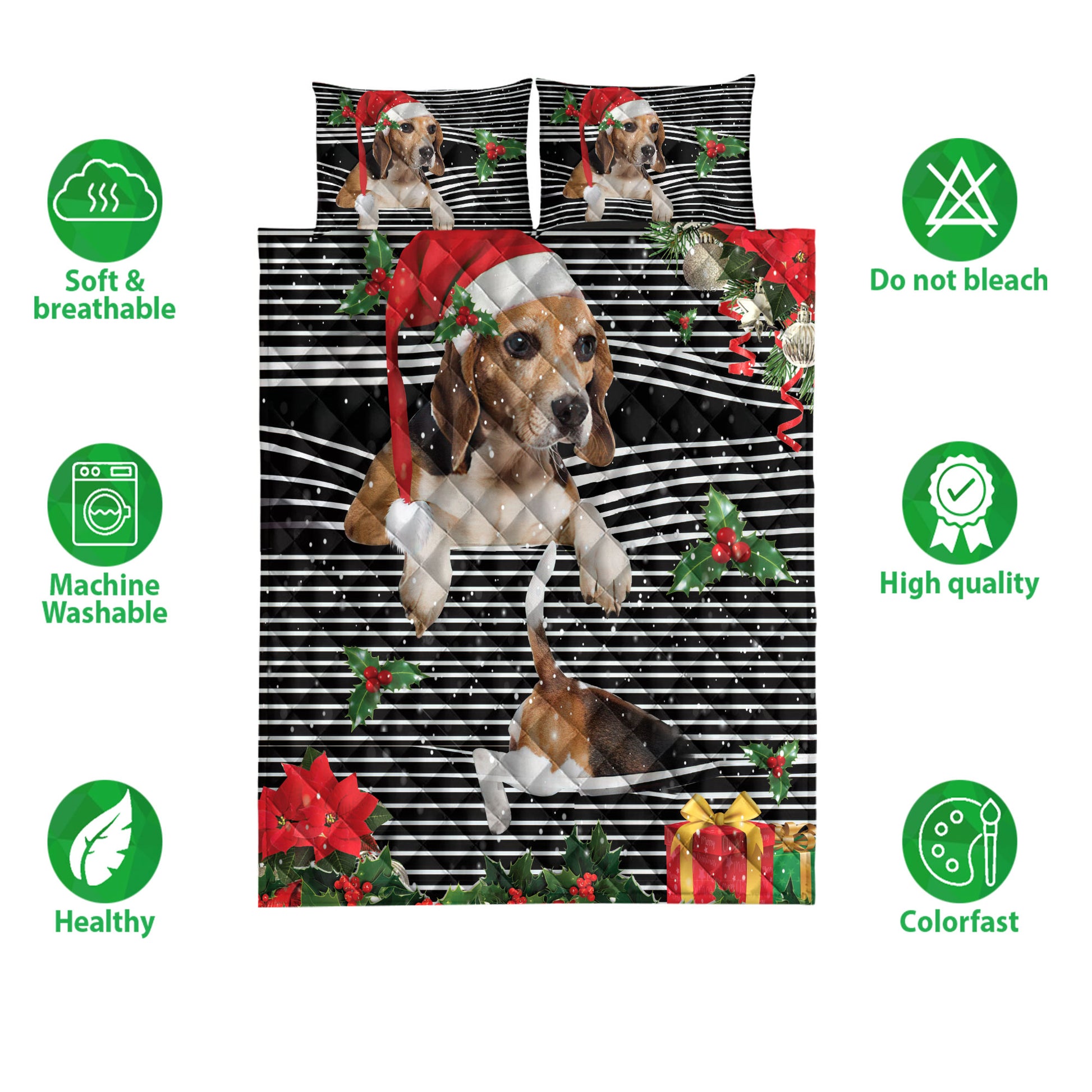 Ohaprints-Quilt-Bed-Set-Pillowcase-Beagle-Christmas-Striped-With-Santa-Hat-And-Holy-Berry-Snowflake-Blanket-Bedspread-Bedding-4093-Double (70'' x 80'')