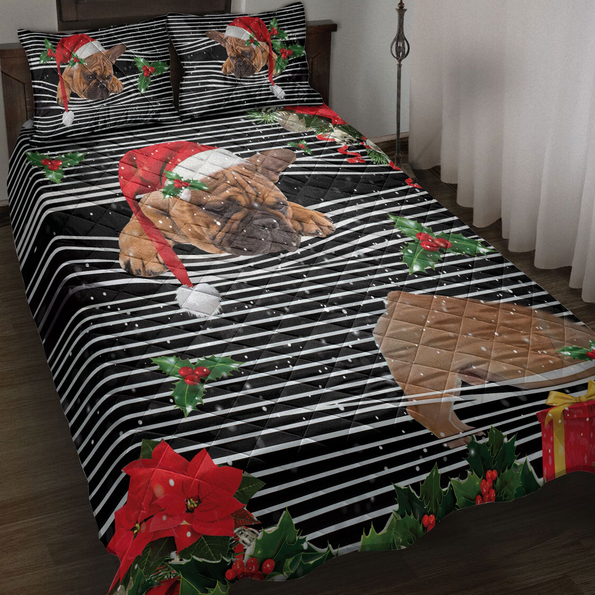 Ohaprints-Quilt-Bed-Set-Pillowcase-French-Bulldog-Christmas-Striped-Santa-Hat-And-Holy-Berry-Snowflake-Blanket-Bedspread-Bedding-4094-Throw (55'' x 60'')