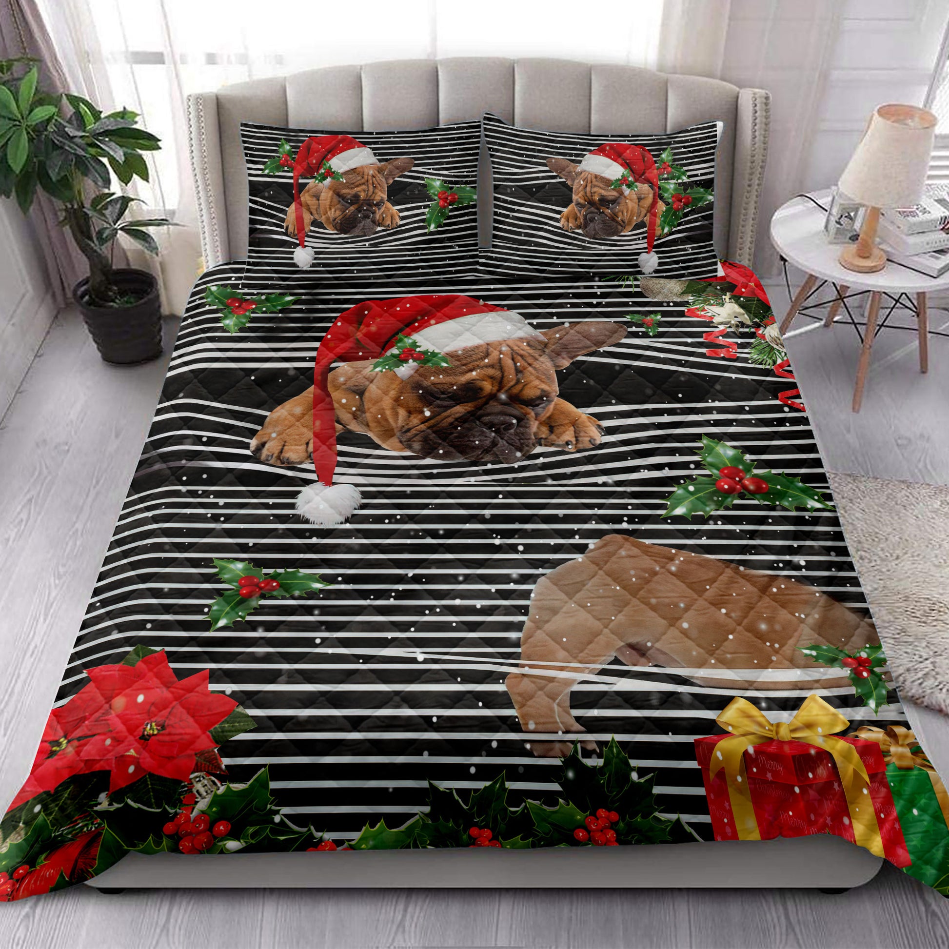 Ohaprints-Quilt-Bed-Set-Pillowcase-French-Bulldog-Christmas-Striped-Santa-Hat-And-Holy-Berry-Snowflake-Blanket-Bedspread-Bedding-4094-King (90'' x 100'')