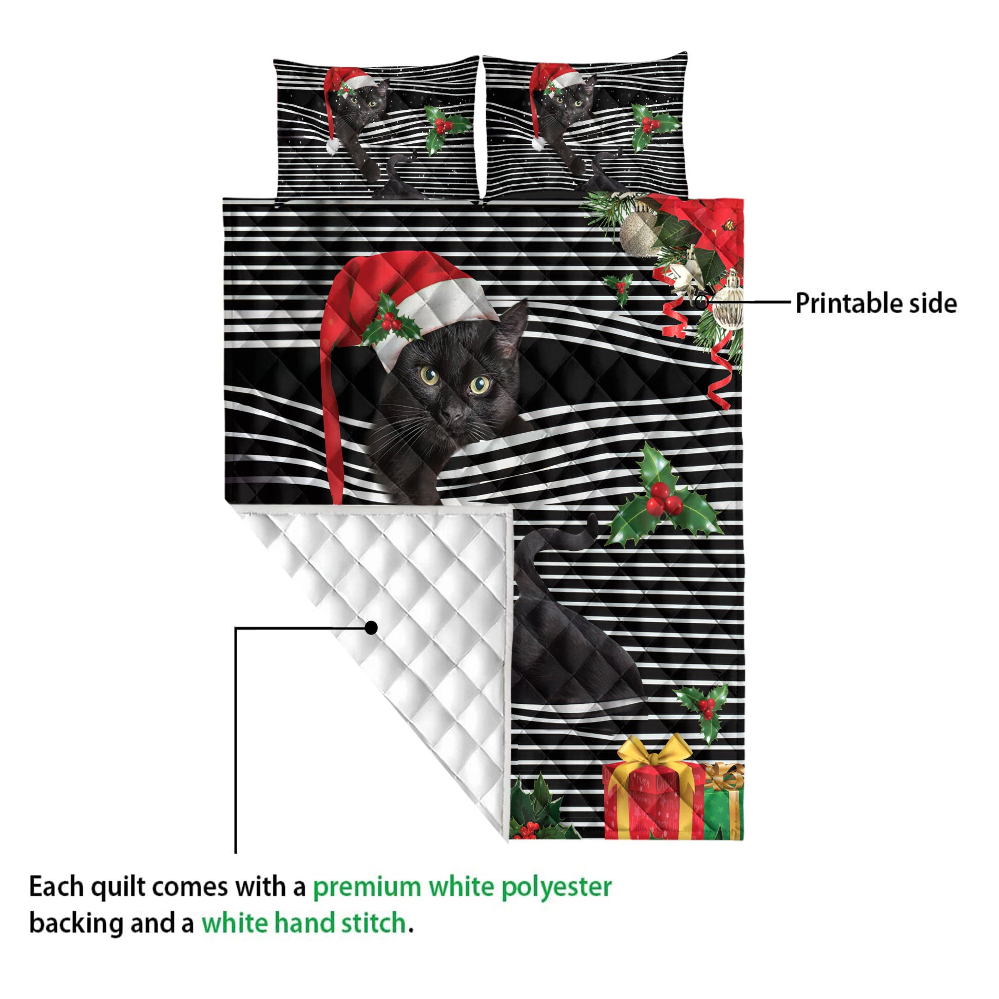 Ohaprints-Quilt-Bed-Set-Pillowcase-Black-Cat-Christmas-Striped-With-Santa-Hat-And-Holy-Berry-Snowflake-Blanket-Bedspread-Bedding-4095-Queen (80'' x 90'')