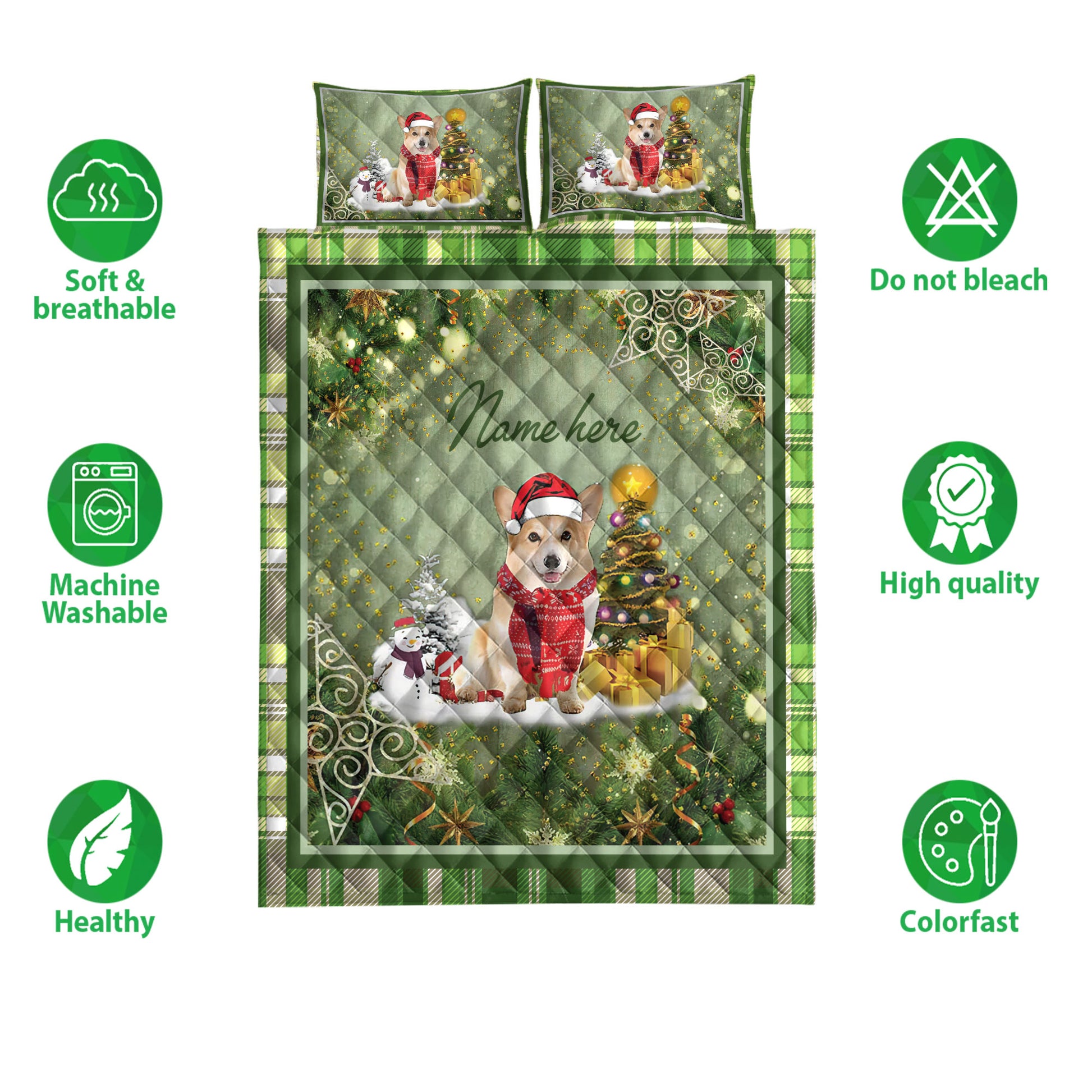 Ohaprints-Quilt-Bed-Set-Pillowcase-Corgi-Christmas-Tree-String-Lights-Custom-Personalized-Name-Blanket-Bedspread-Bedding-3958-Double (70'' x 80'')