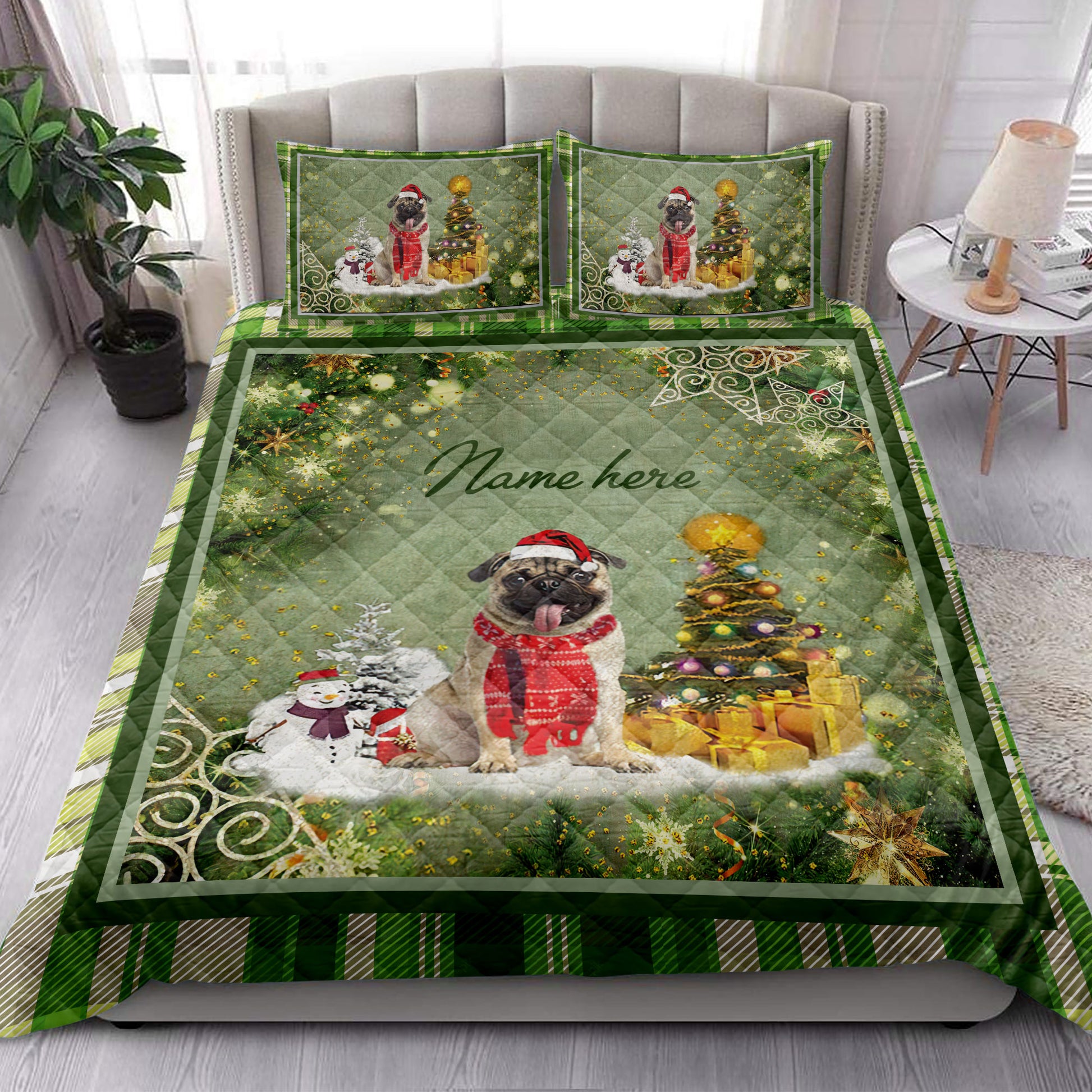 Ohaprints-Quilt-Bed-Set-Pillowcase-Pug-Christmas-Tree-String-Lights-Custom-Personalized-Name-Blanket-Bedspread-Bedding-3967-King (90'' x 100'')