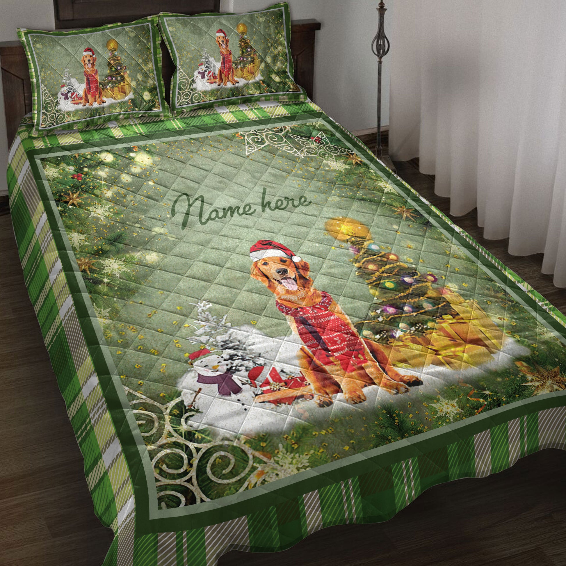 Ohaprints-Quilt-Bed-Set-Pillowcase-Golden-Retriever-Christmas-String-Light-Custom-Personalized-Name-Blanket-Bedspread-Bedding-3970-Throw (55'' x 60'')