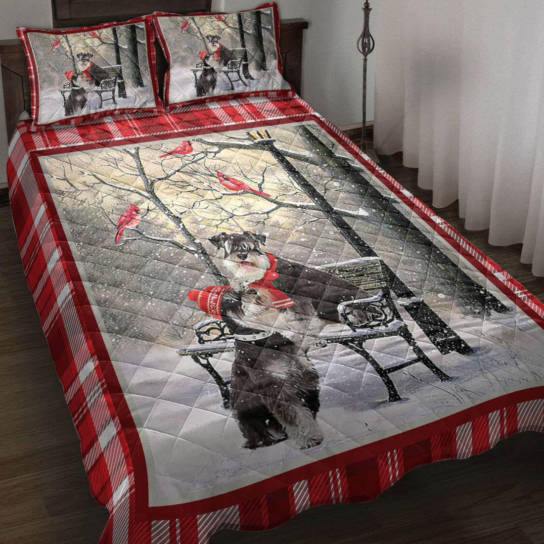 Ohaprints-Quilt-Bed-Set-Pillowcase-Schnauzer-Hello-Christmas-Snowflake-Winter-Park-Cardinal-Holiday-Blanket-Bedspread-Bedding-3972-Throw (55'' x 60'')