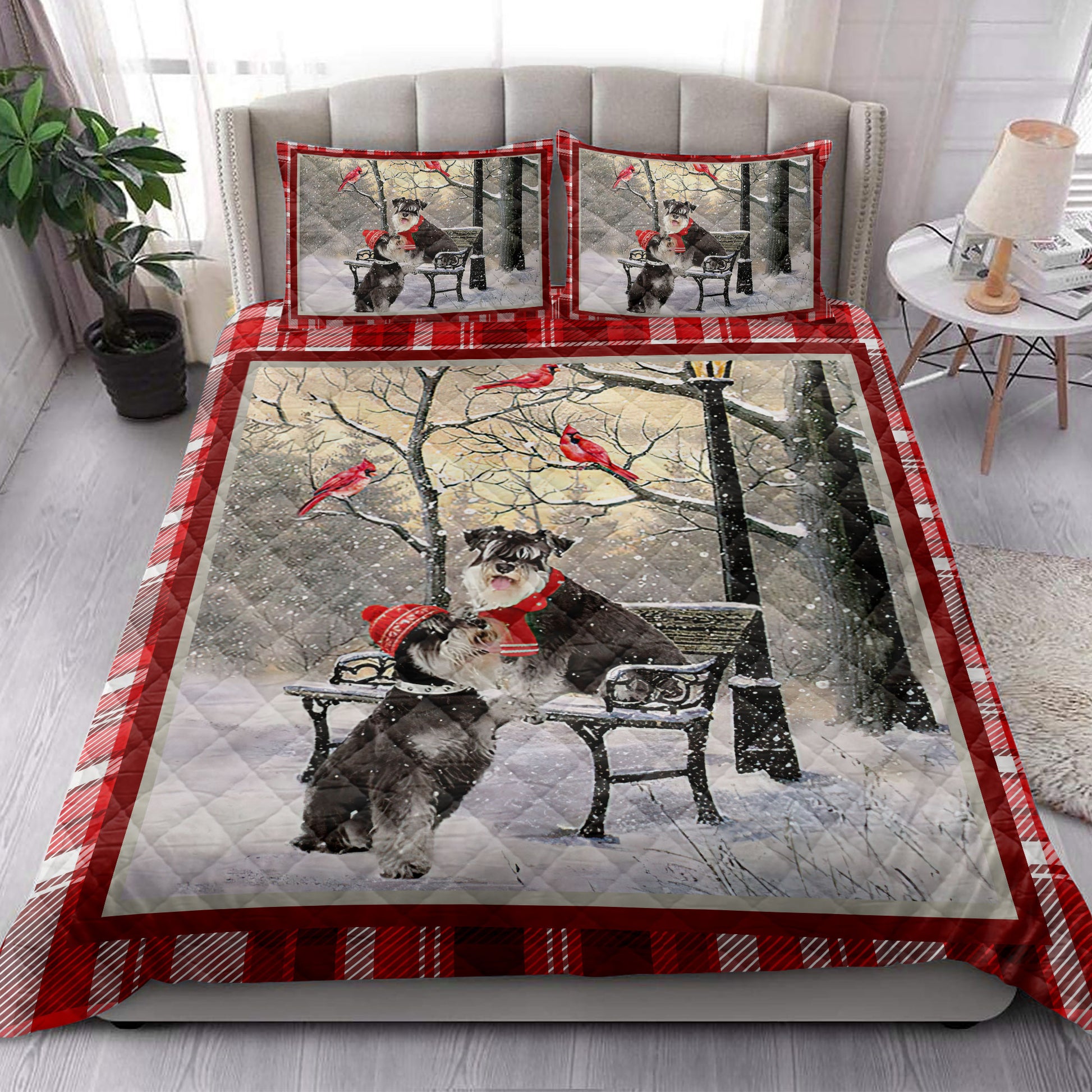 Ohaprints-Quilt-Bed-Set-Pillowcase-Schnauzer-Hello-Christmas-Snowflake-Winter-Park-Cardinal-Holiday-Blanket-Bedspread-Bedding-3972-King (90'' x 100'')