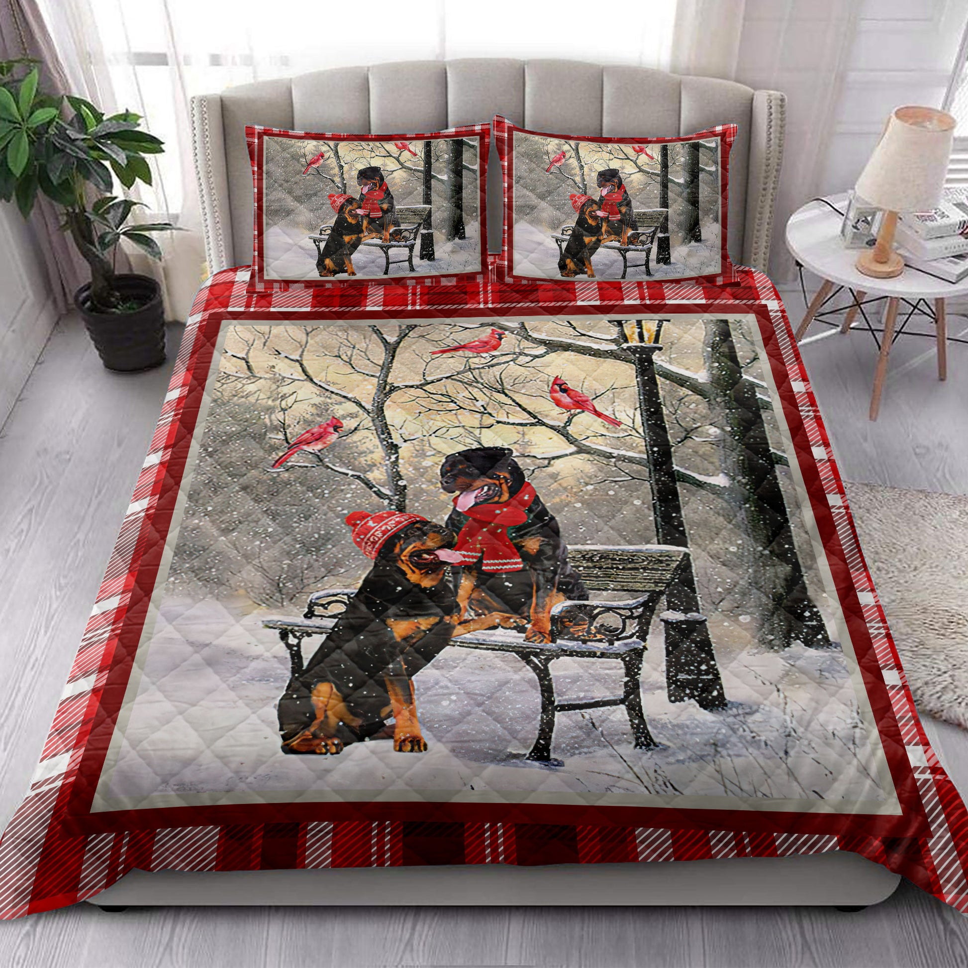 Ohaprints-Quilt-Bed-Set-Pillowcase-Rottweiler-Hello-Christmas-Snowflake-Winter-Park-Cardinal-Holiday-Blanket-Bedspread-Bedding-3973-King (90'' x 100'')