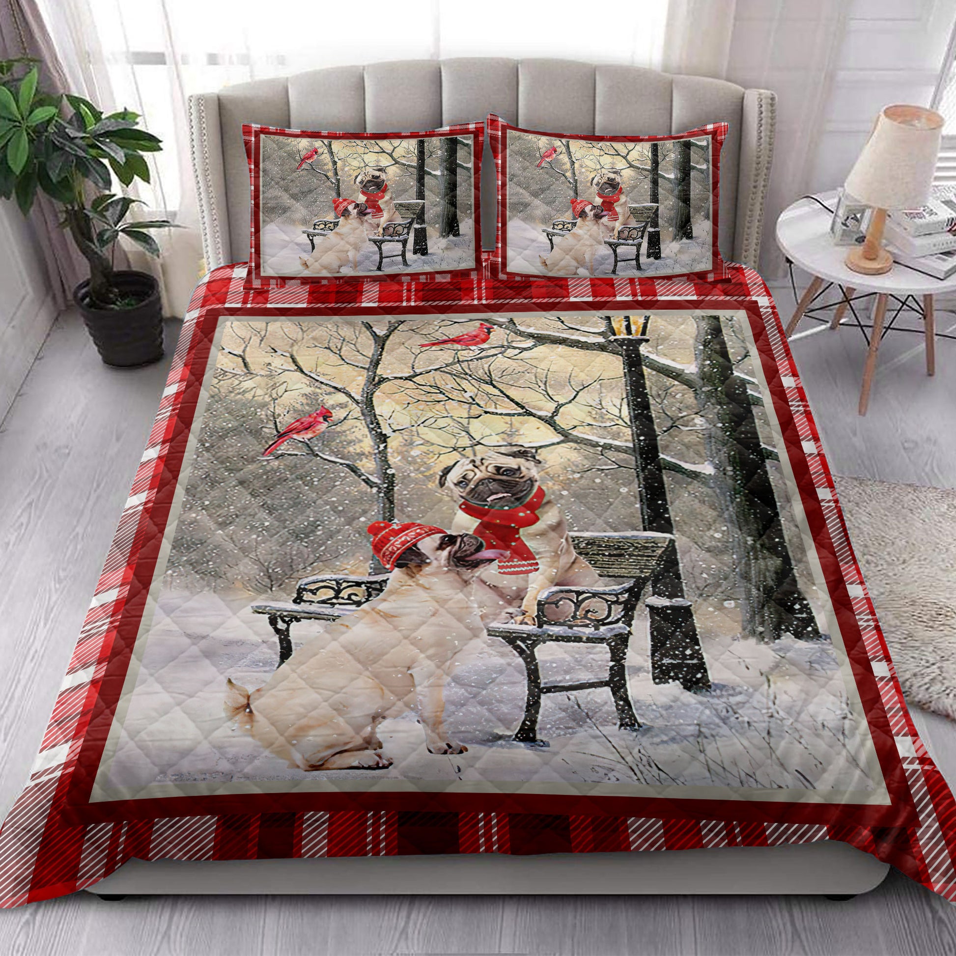 Ohaprints-Quilt-Bed-Set-Pillowcase-Pug-Hello-Christmas-Snowflake-Winter-Park-Cardinal-Holiday-Blanket-Bedspread-Bedding-3974-King (90'' x 100'')