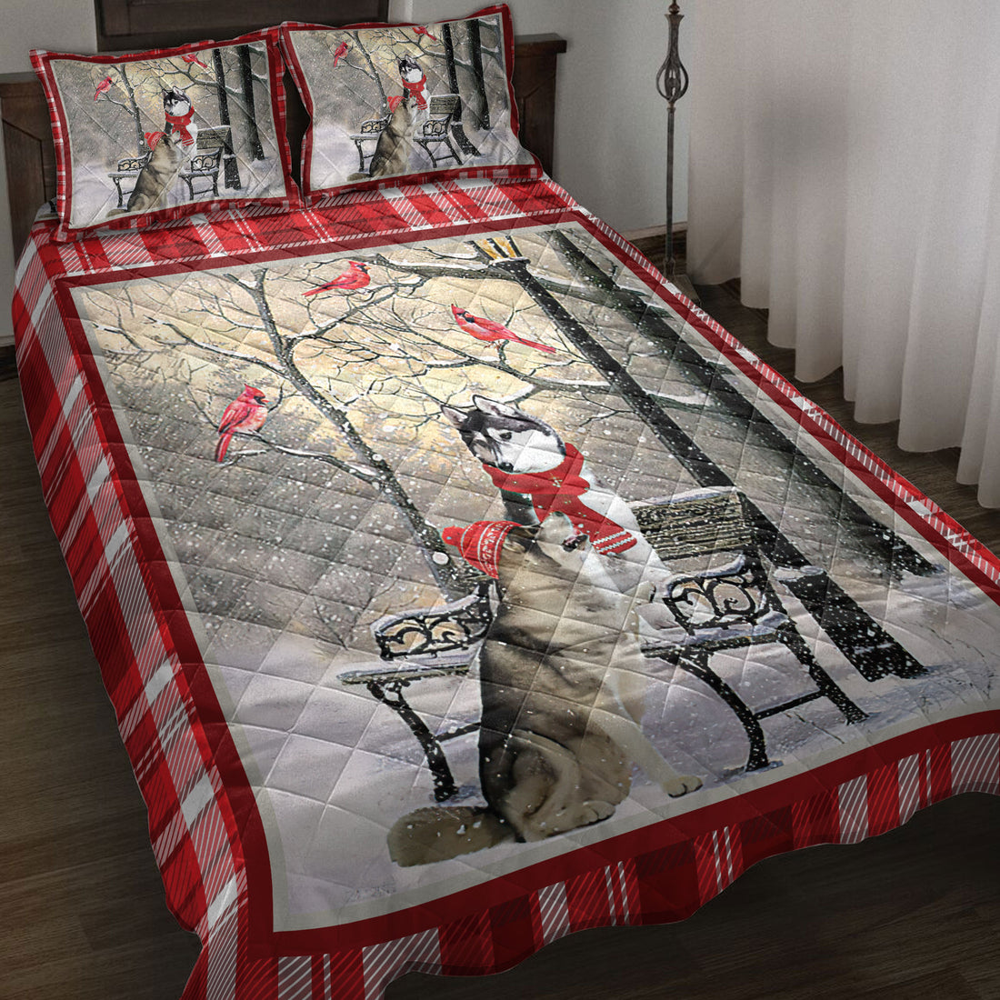 Ohaprints-Quilt-Bed-Set-Pillowcase-Husky-Sibir-Hello-Christmas-Snowflake-Winter-Park-Cardinal-Holiday-Blanket-Bedspread-Bedding-3975-Throw (55'' x 60'')