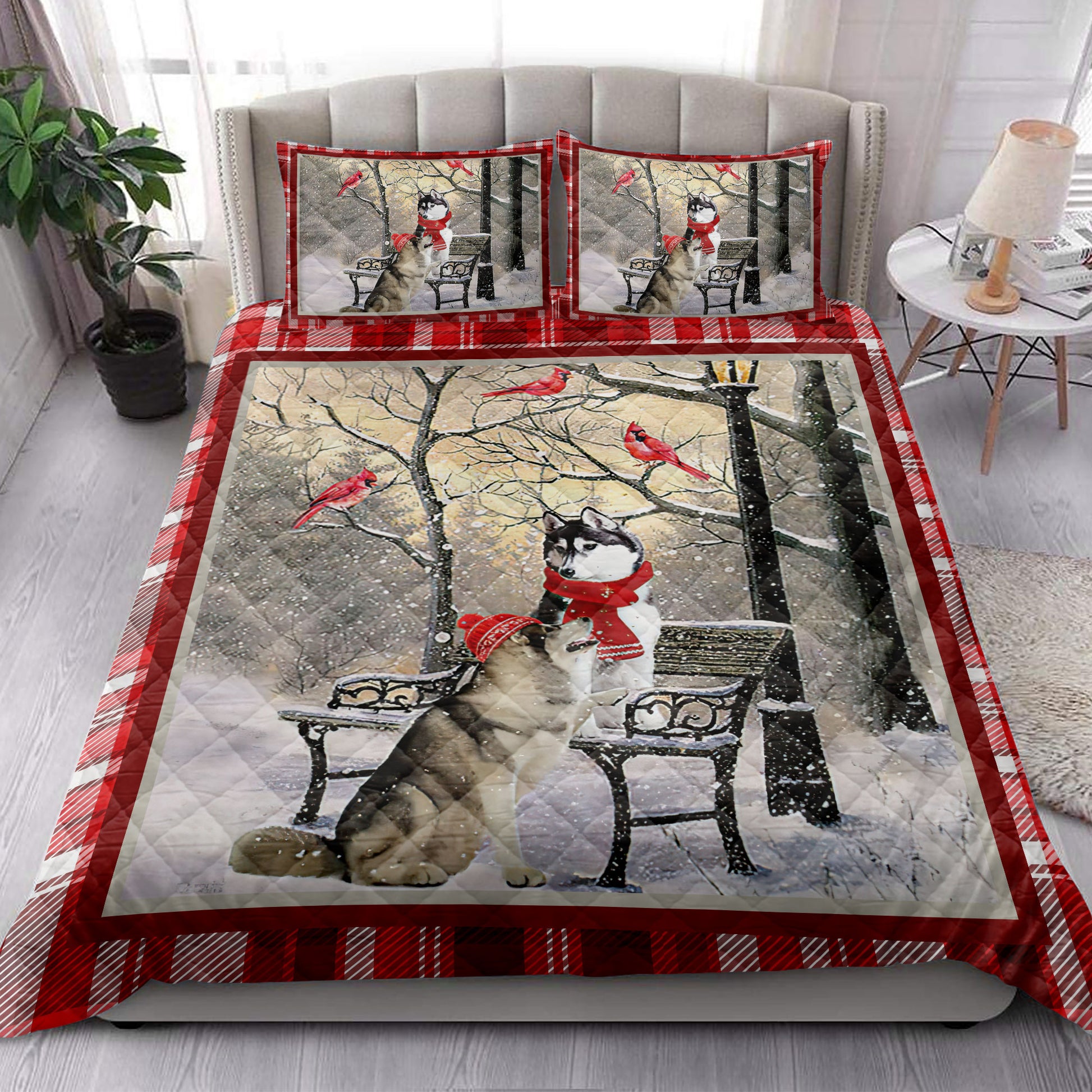 Ohaprints-Quilt-Bed-Set-Pillowcase-Husky-Sibir-Hello-Christmas-Snowflake-Winter-Park-Cardinal-Holiday-Blanket-Bedspread-Bedding-3975-King (90'' x 100'')