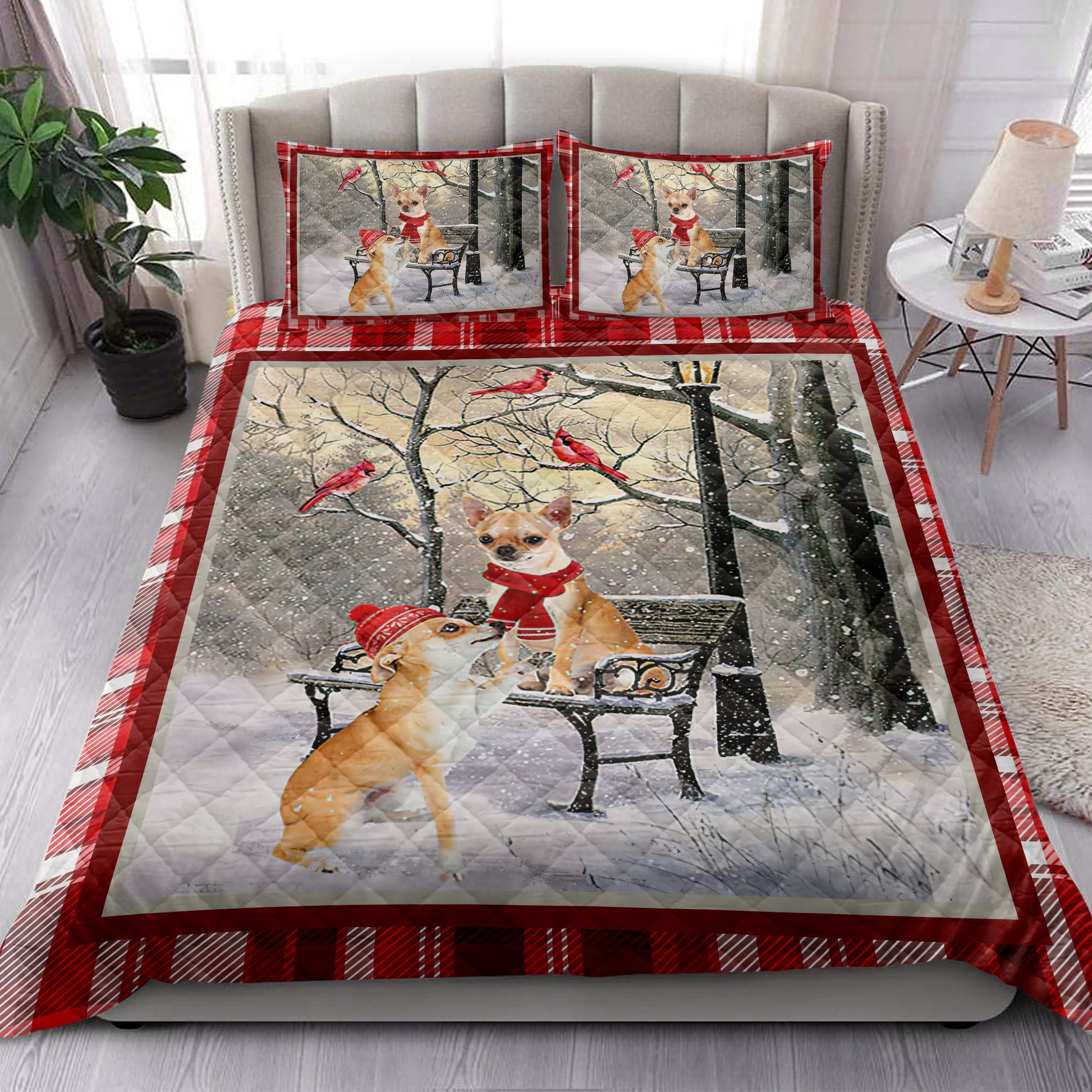 Ohaprints-Quilt-Bed-Set-Pillowcase-Chihuahua-Hello-Christmas-Snowflake-Winter-Park-Cardinal-Holiday-Blanket-Bedspread-Bedding-3976-King (90'' x 100'')