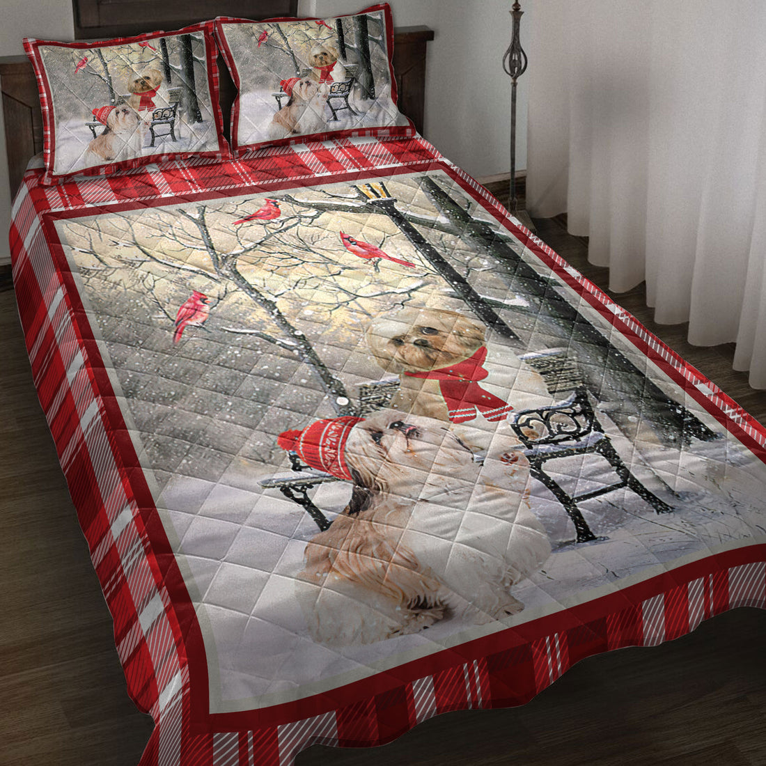 Ohaprints-Quilt-Bed-Set-Pillowcase-Shih-Tzu-Hello-Christmas-Snowflake-Winter-Park-Cardinal-Holiday-Blanket-Bedspread-Bedding-3978-Throw (55'' x 60'')