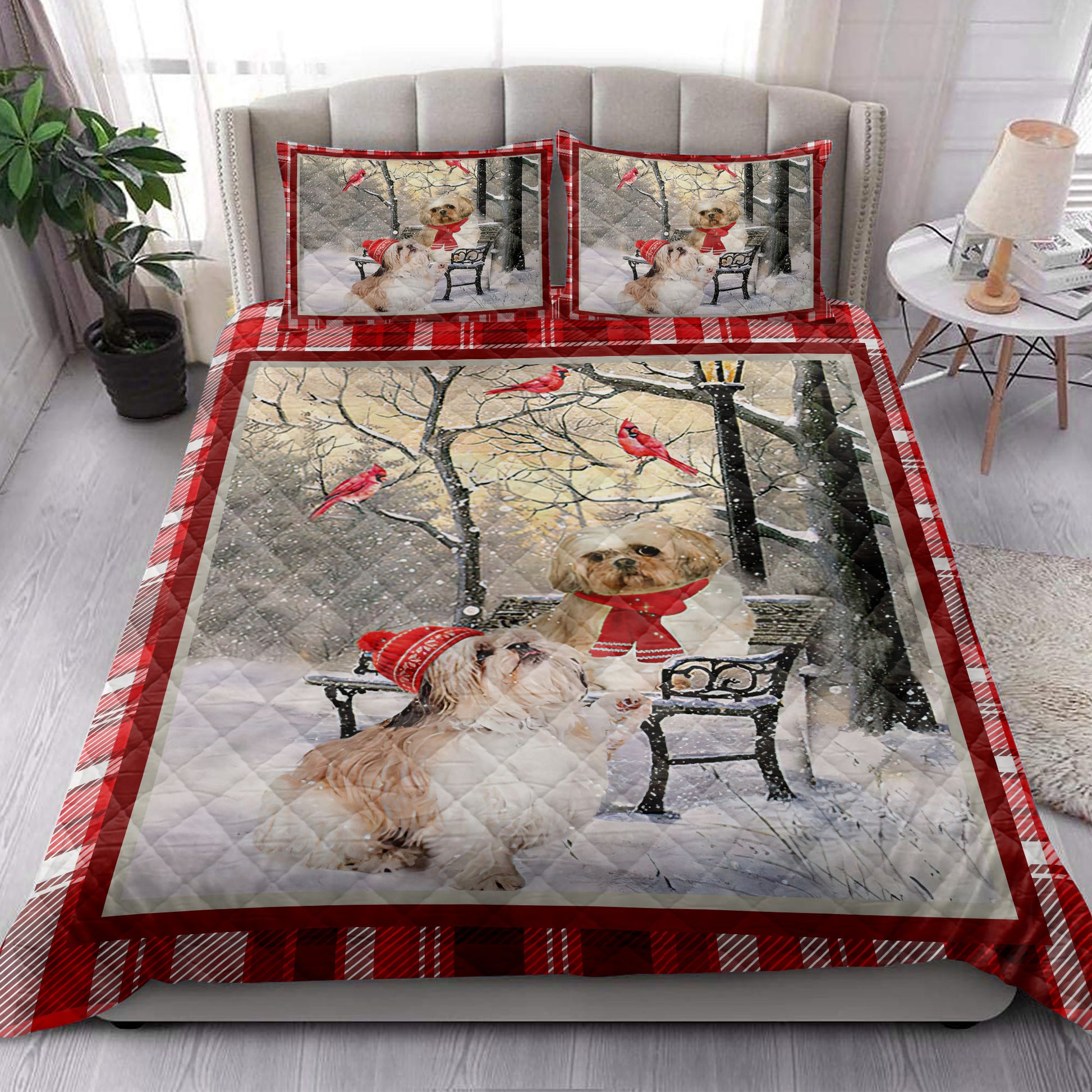 Ohaprints-Quilt-Bed-Set-Pillowcase-Shih-Tzu-Hello-Christmas-Snowflake-Winter-Park-Cardinal-Holiday-Blanket-Bedspread-Bedding-3978-King (90'' x 100'')