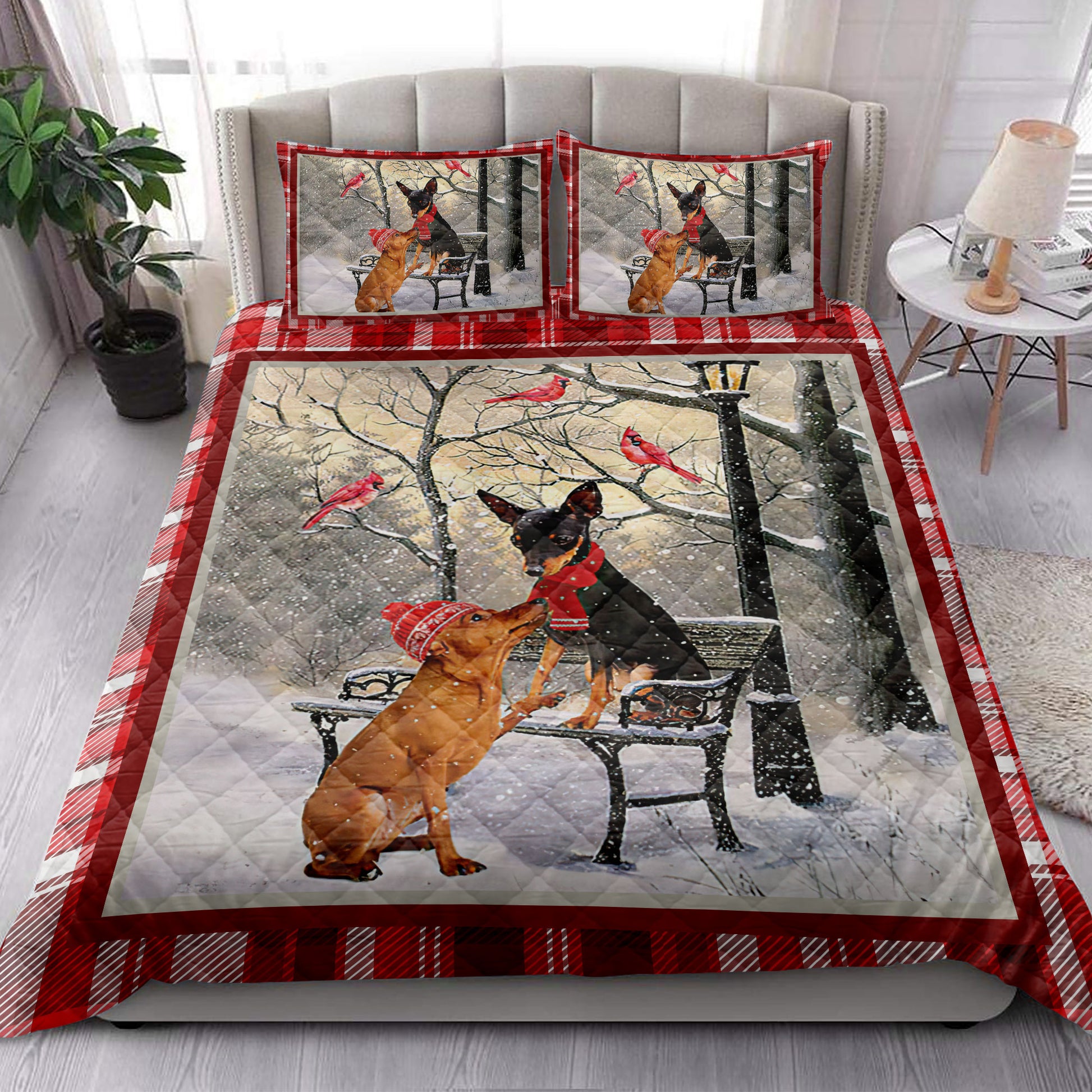 Ohaprints-Quilt-Bed-Set-Pillowcase-Miniature-Pinscher-Hello-Christmas-Snowflake-Winter-Park-Holiday-Blanket-Bedspread-Bedding-3979-King (90'' x 100'')