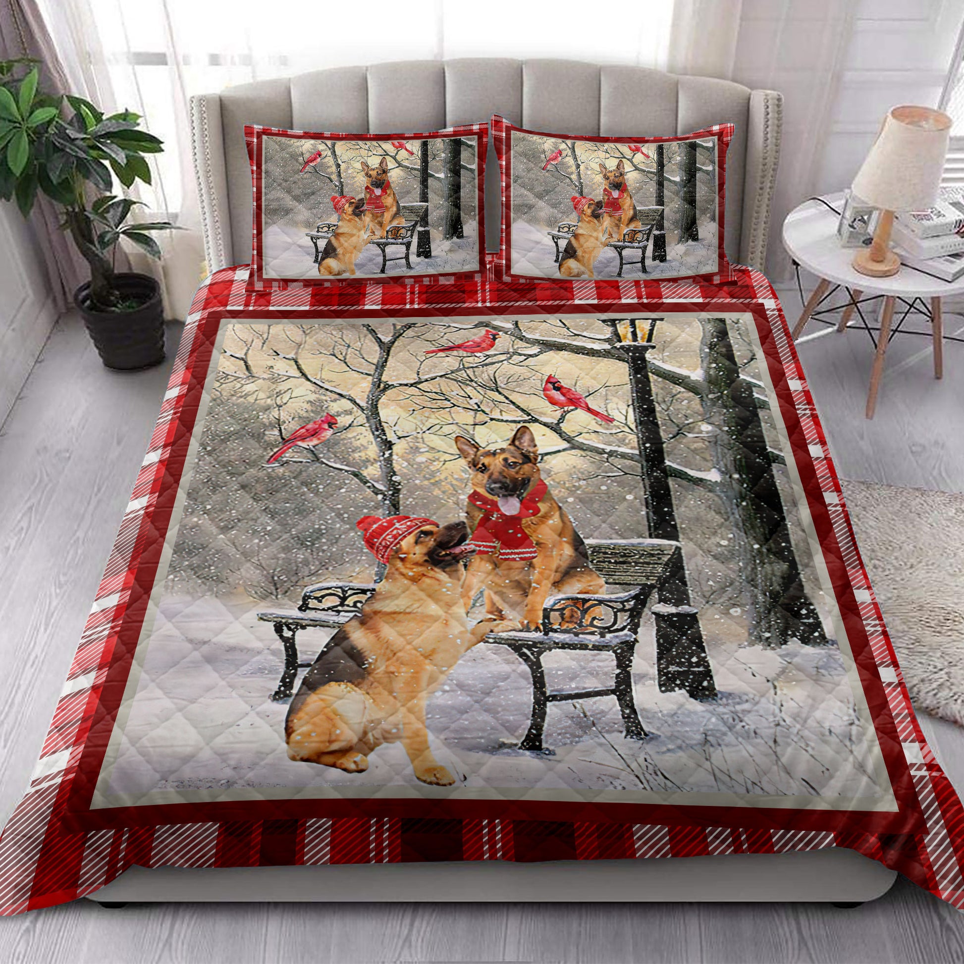 Ohaprints-Quilt-Bed-Set-Pillowcase-German-Shepherd-Hello-Christmas-Snowflake-Winter-Park-Holiday-Blanket-Bedspread-Bedding-3981-King (90'' x 100'')