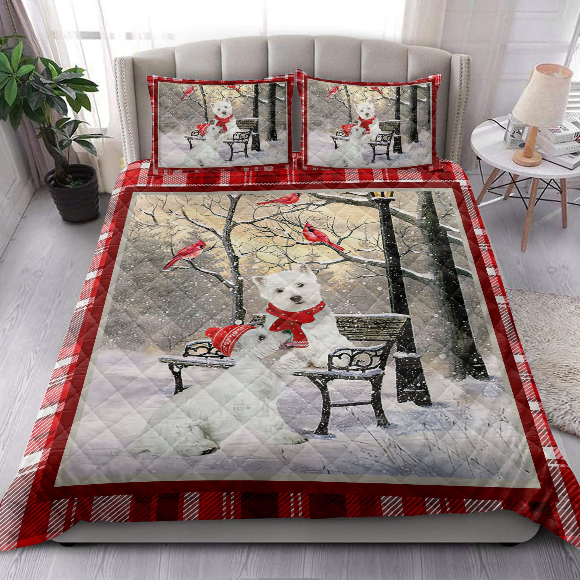 Ohaprints-Quilt-Bed-Set-Pillowcase-Westie-West-Highland-Terrier-Hello-Christmas-Snowflake-Winter-Park-Blanket-Bedspread-Bedding-3983-King (90'' x 100'')