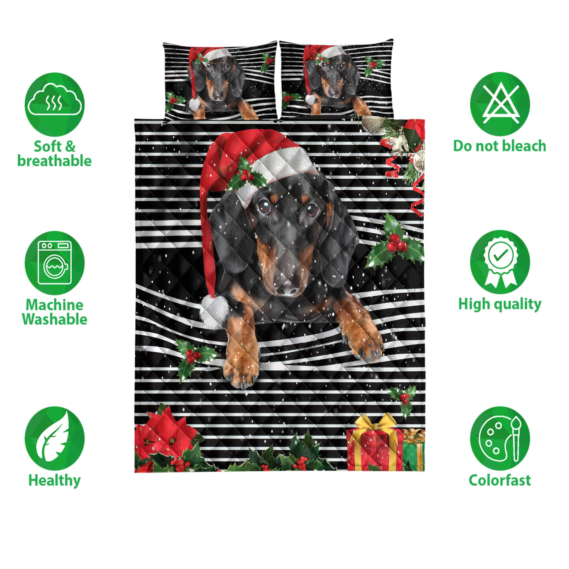 Ohaprints-Quilt-Bed-Set-Pillowcase-Dachshund-Christmas-Striped-With-Santa-Hat-And-Holy-Berry-Snowflake-Blanket-Bedspread-Bedding-4097-Double (70'' x 80'')