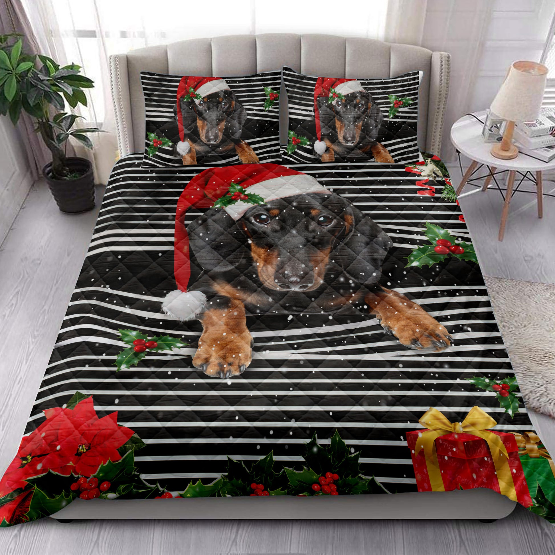 Ohaprints-Quilt-Bed-Set-Pillowcase-Dachshund-Christmas-Striped-With-Santa-Hat-And-Holy-Berry-Snowflake-Blanket-Bedspread-Bedding-4097-King (90'' x 100'')